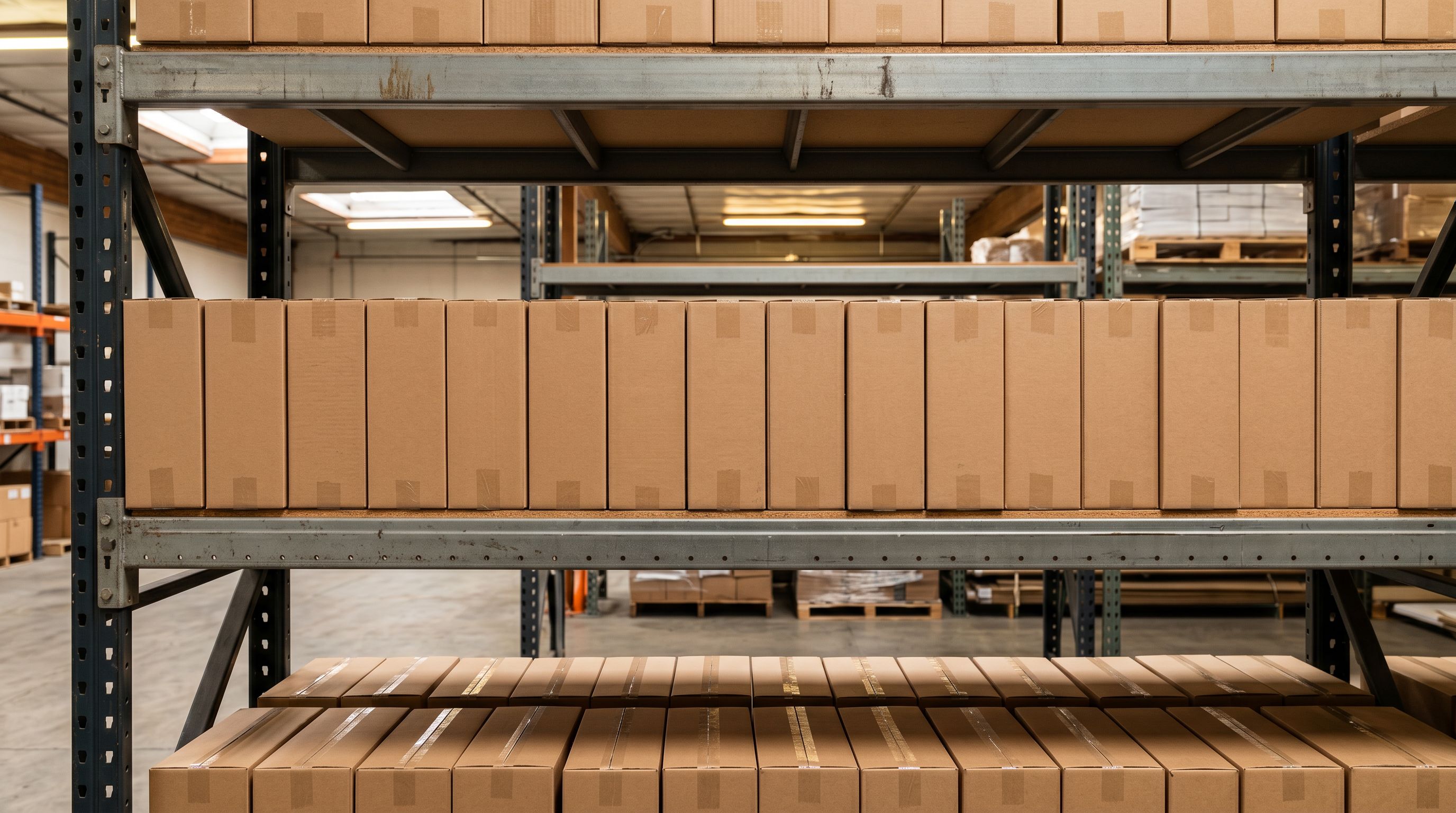 Identical manufacturer product boxes arranged in an exact row on warehouse metal shelving under bright lighting.