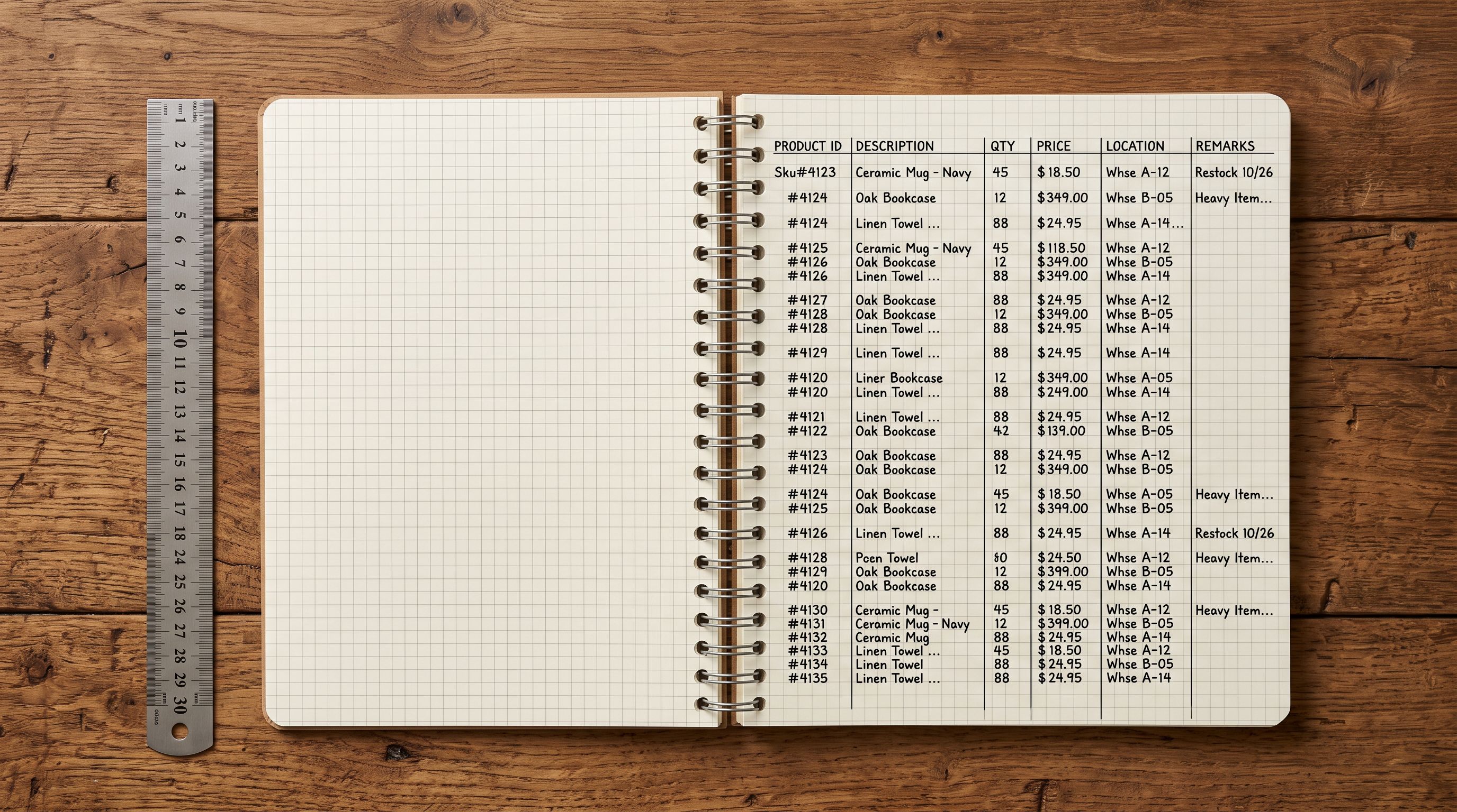 Open product data spreadsheet with handwritten columns on a timber work desk.