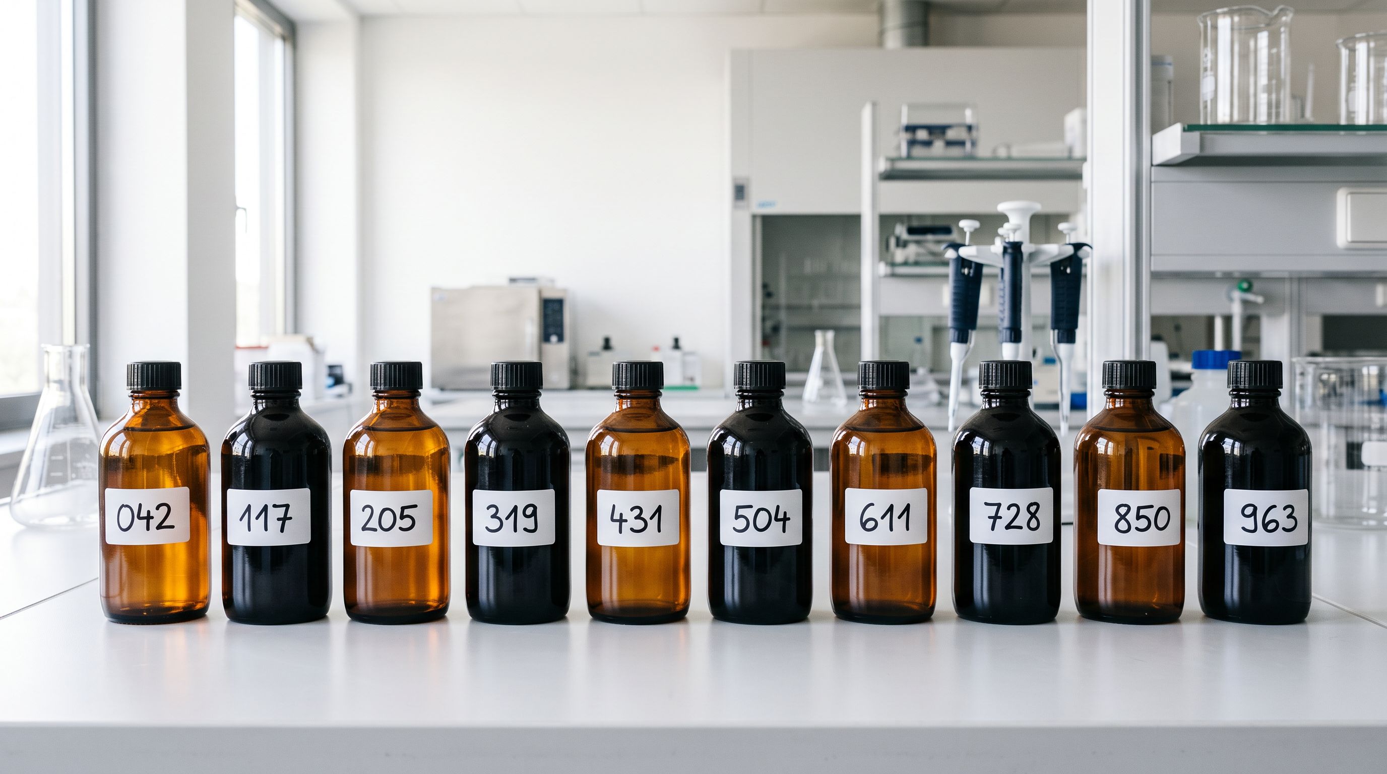 Row of amber glass bottles on a laboratory bench with adhesive data labels.