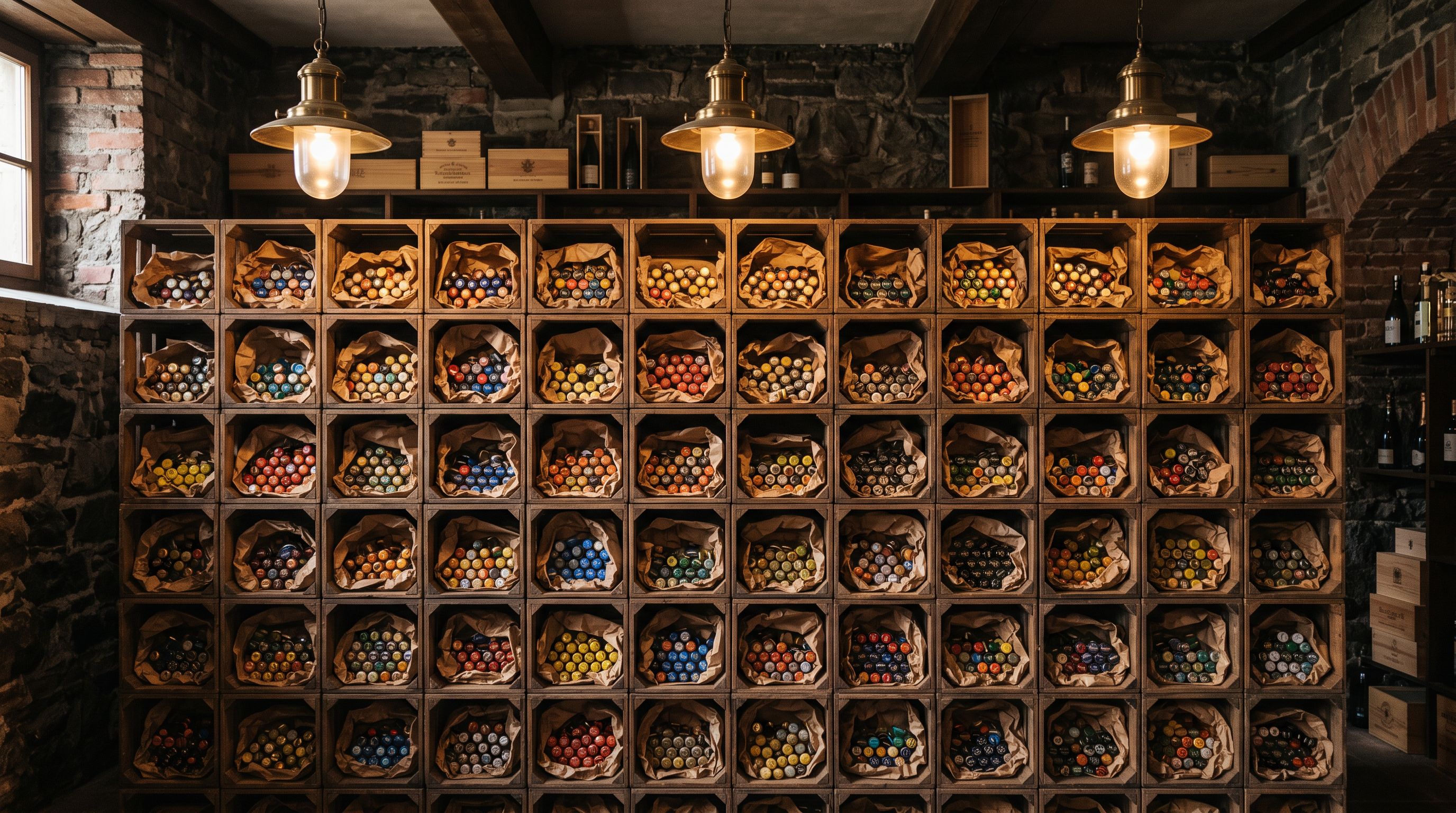 Wall of wooden crate compartments holding wrapped bottle batches in cellar storage.