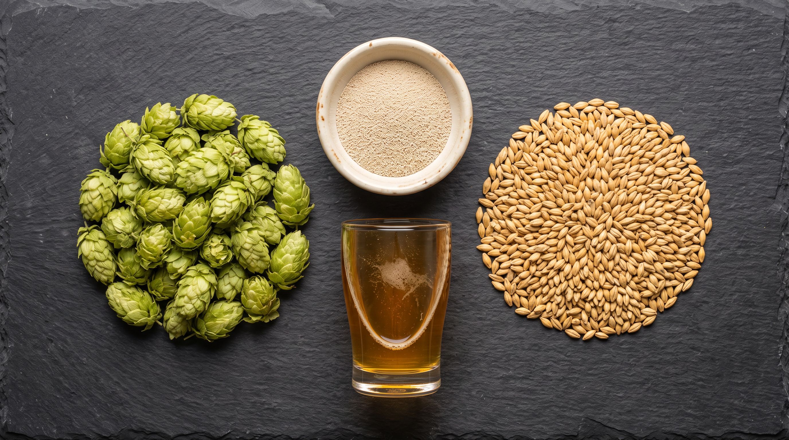 Flat lay of hops, barley grains, yeast, and a tasting glass on dark slate.