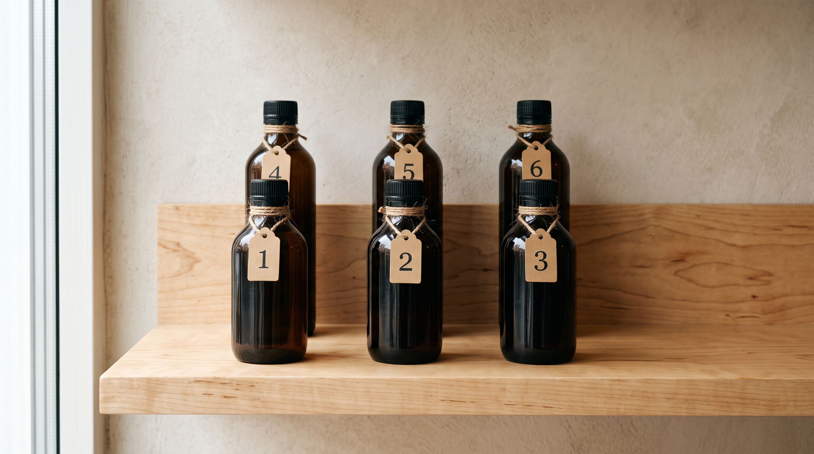 Six numbered craft beer bottles with twine hang-tags on a pale birch shelf.