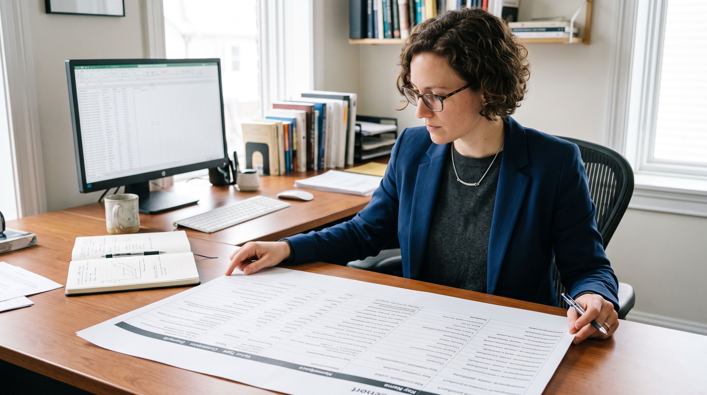 E-commerce product manager at a workstation reviewing a printed custom metafield definition schema chart with namespace and key naming conventions laid out in columns