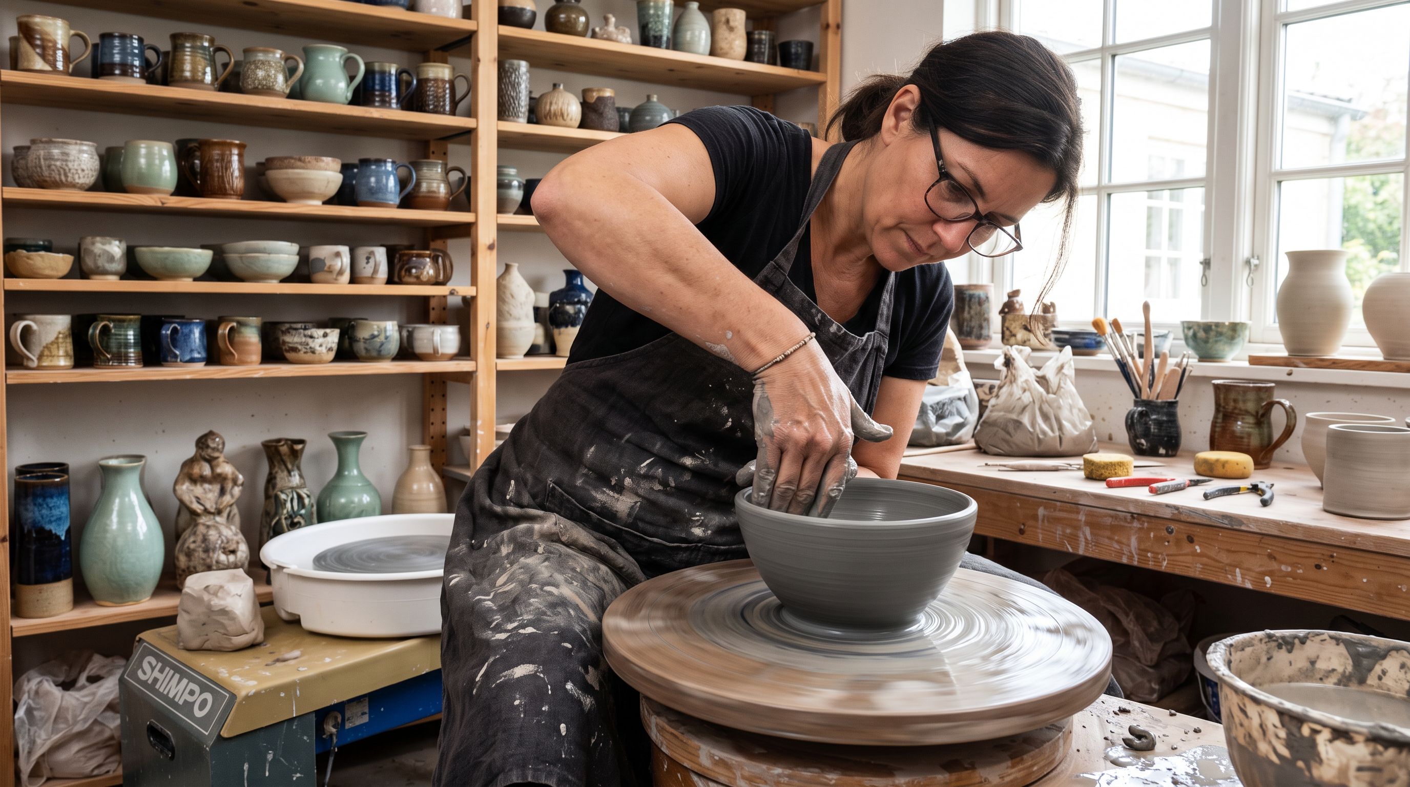 A potter's hands forming the walls of a bowl on a spinning wheel in a studio with clay wet between the fingers and shelves of finished ceramic pieces in the background