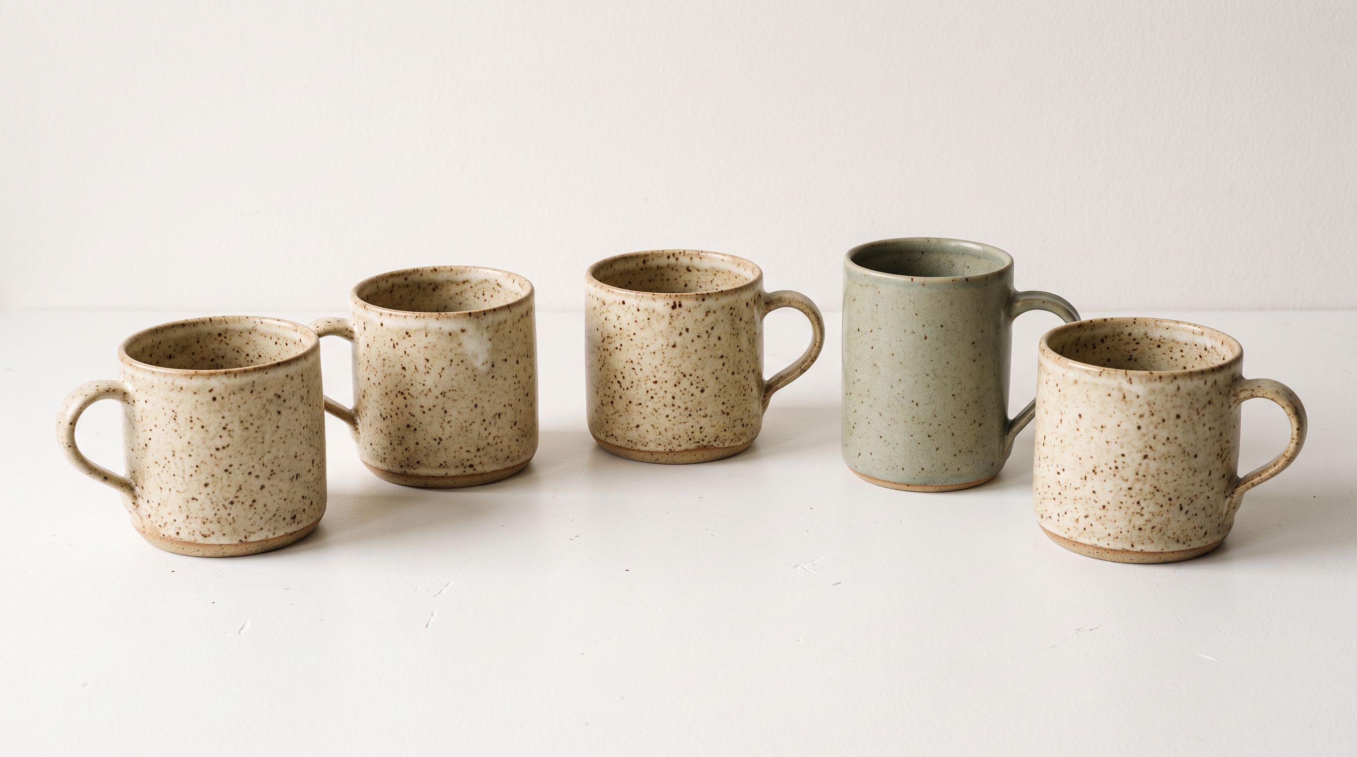 Five ceramic mugs arranged in a gentle arc on a white surface, four identical and one slightly different, representing test batch outputs for refining a production template