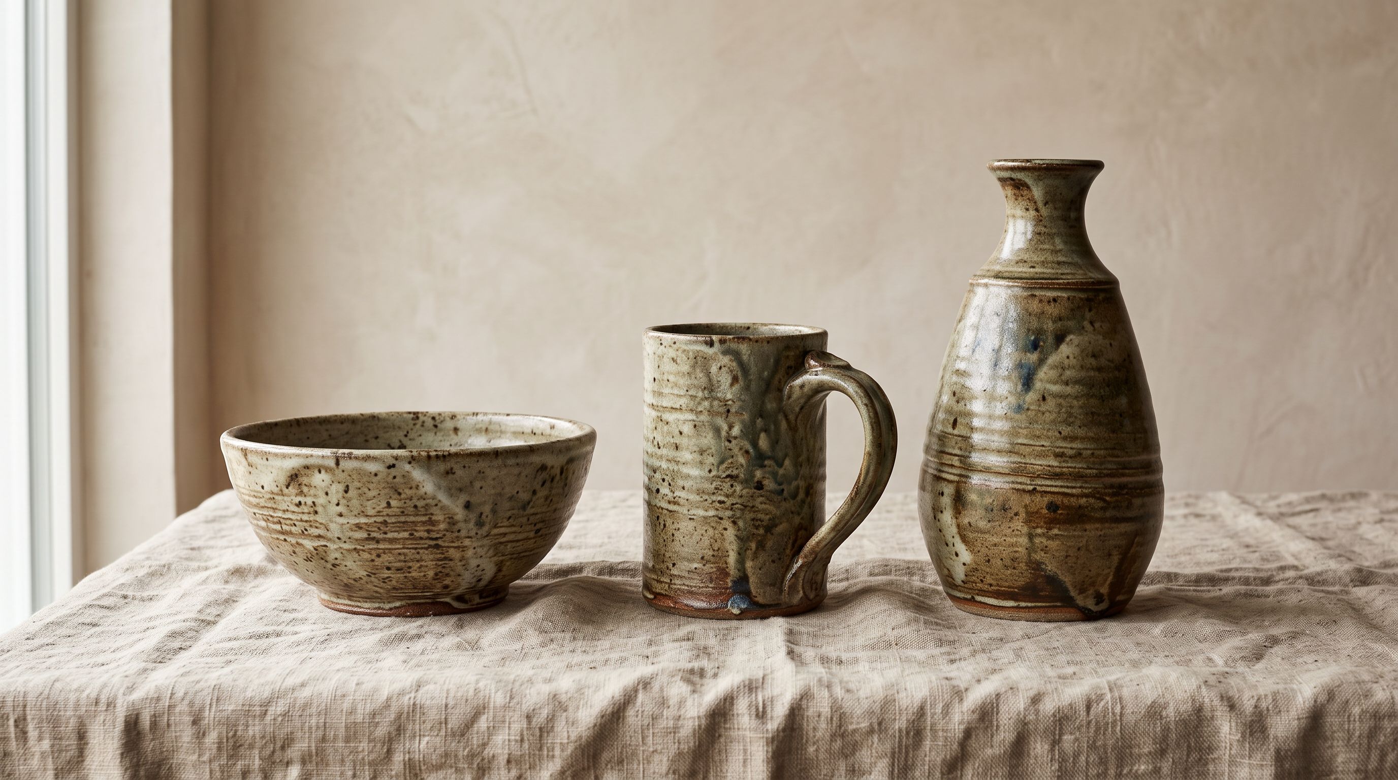Set of three hand-thrown ceramic vessels on natural linen showing a bowl, mug, and vase with ash glaze and visible throwing lines from kiln firing
