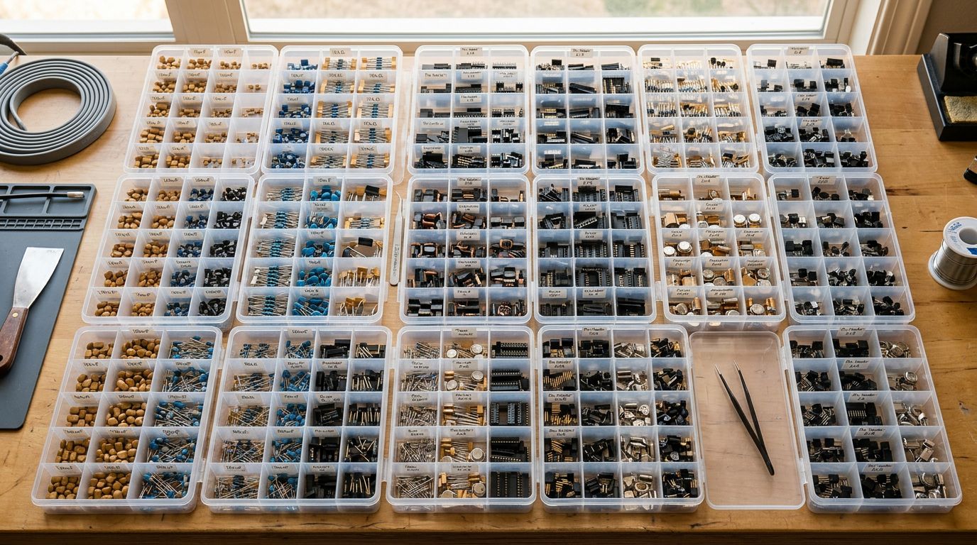 Rows of precision electronic components sorted into labelled clear plastic organiser trays on a workshop bench.
