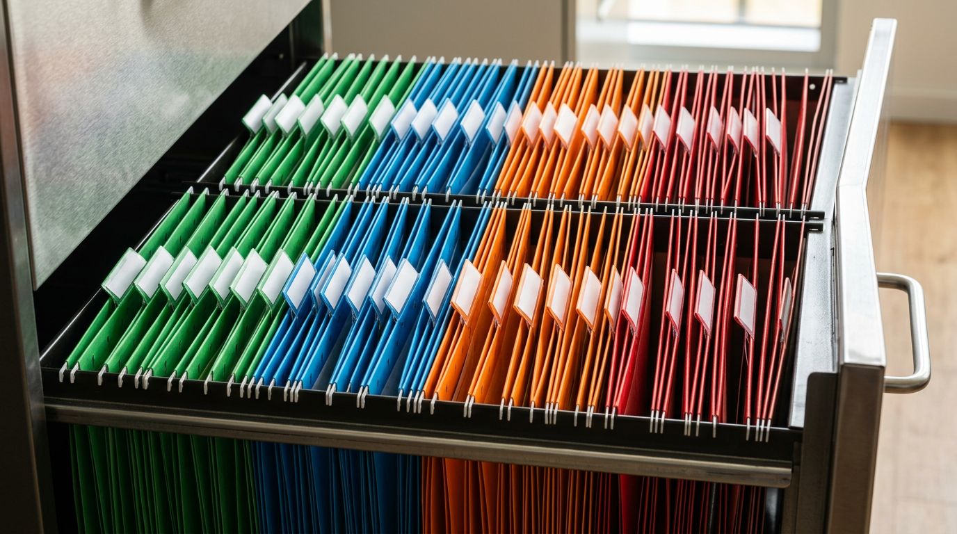 Colour-coded hanging file folders arranged in a steel drawer filing cabinet, each labelled and separated by divider tabs.