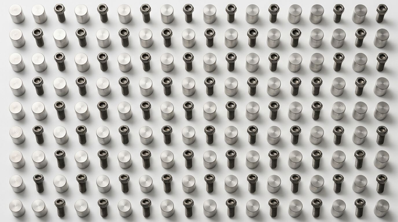 Individual precision-machined titanium bolts and anodised aluminium components laid out in a grid pattern on a white surface, each piece clearly separated.
