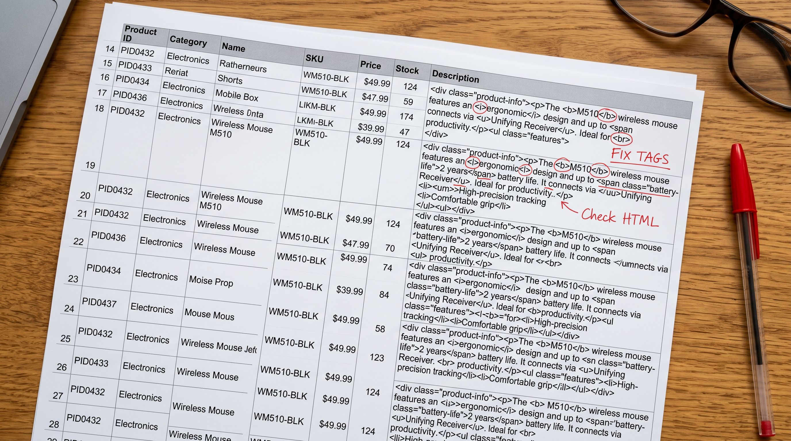 Printed spreadsheet on a desk showing supplier product data with HTML markup in the description column, circled in red pen.