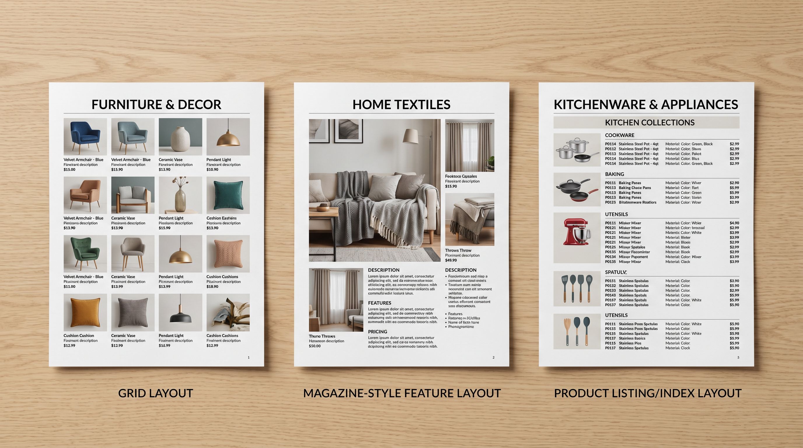 Three printed supplier catalogue pages side by side showing different export format layouts on a light surface.