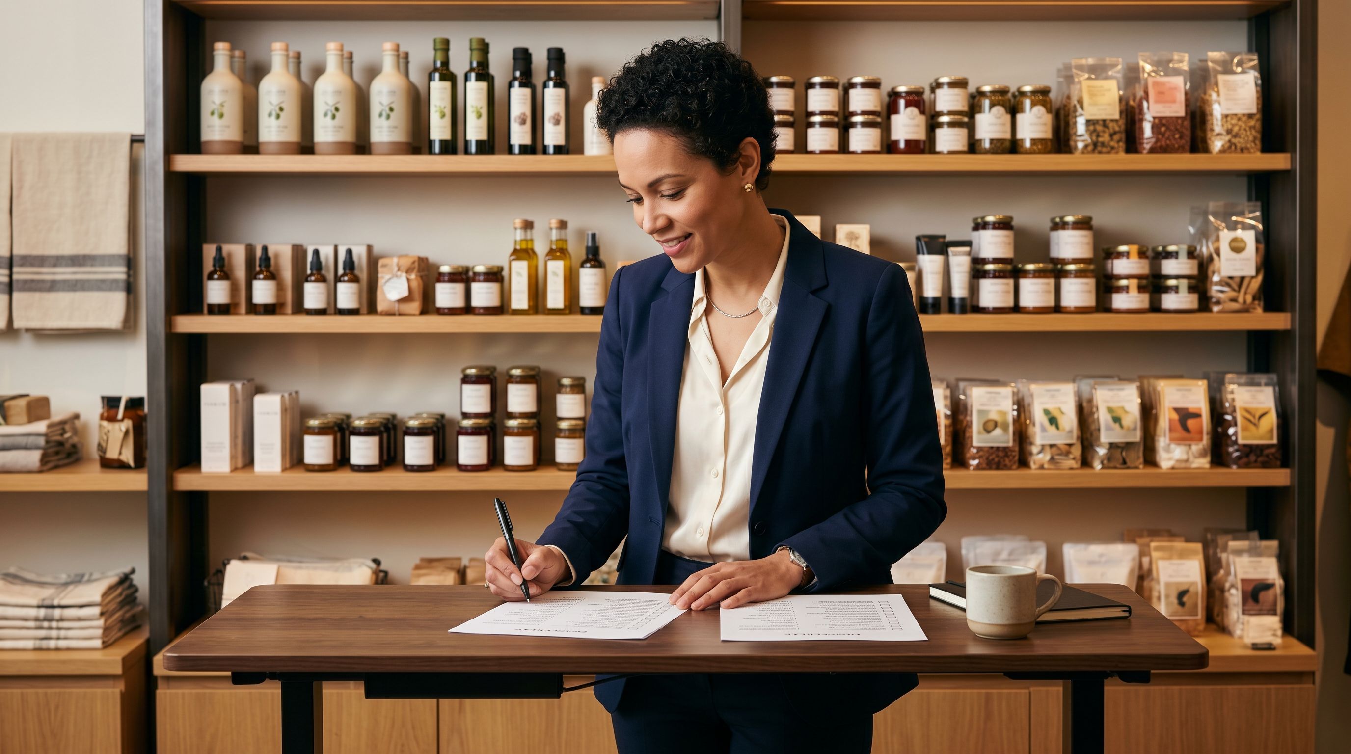Retail manager at a standing desk reviewing a printed product description checklist with products on a shelf behind.
