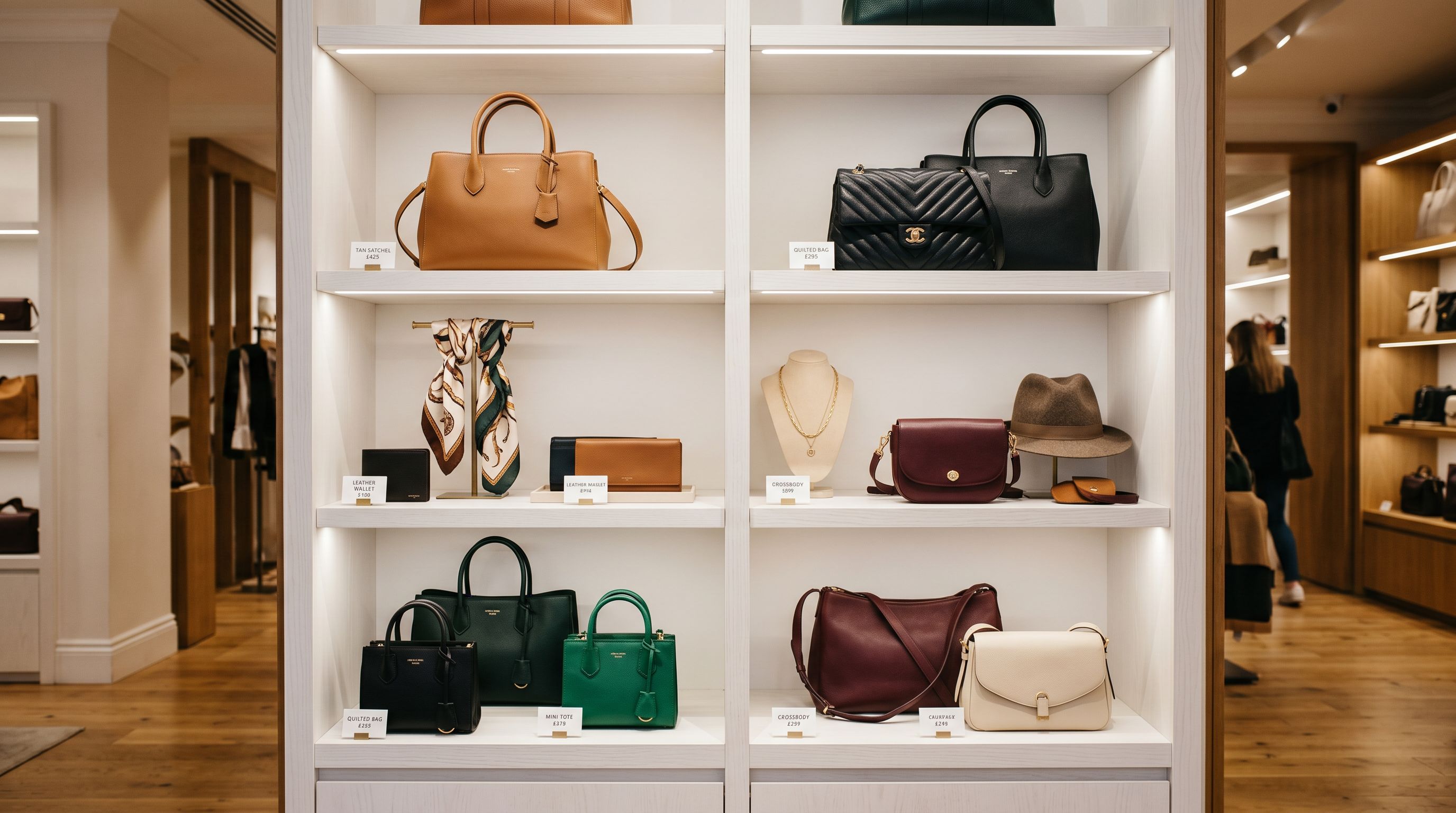 Fashionable handbags and accessories displayed on white retail shelving in a well-lit boutique.