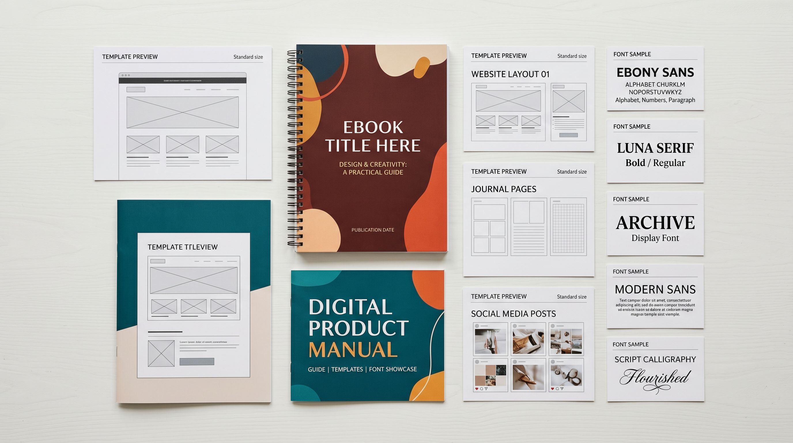 Collection of printed digital product mockups including ebook covers, template sheets, and font sample cards arranged on a clean white desk.