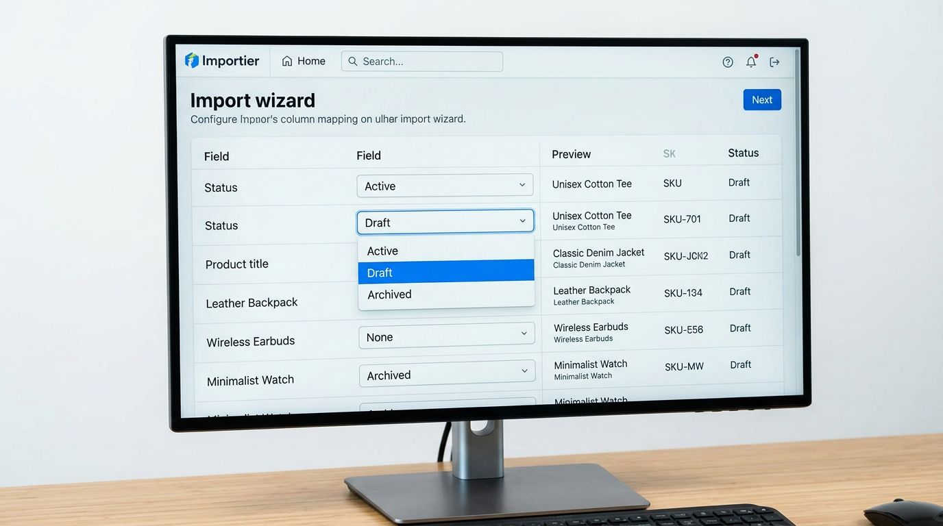 An Importier import wizard configuration screen on a large monitor showing the Status field in the column mapping step set to Draft with a dropdown displaying the three status options Active Draft and Archived, alongside a preview column showing Draft status applied to all product rows in the batch, representing the configuration that creates all imported products as invisible staging drafts in Shopify before review, everything in sharp focus no blur no depth of field, colour photography.