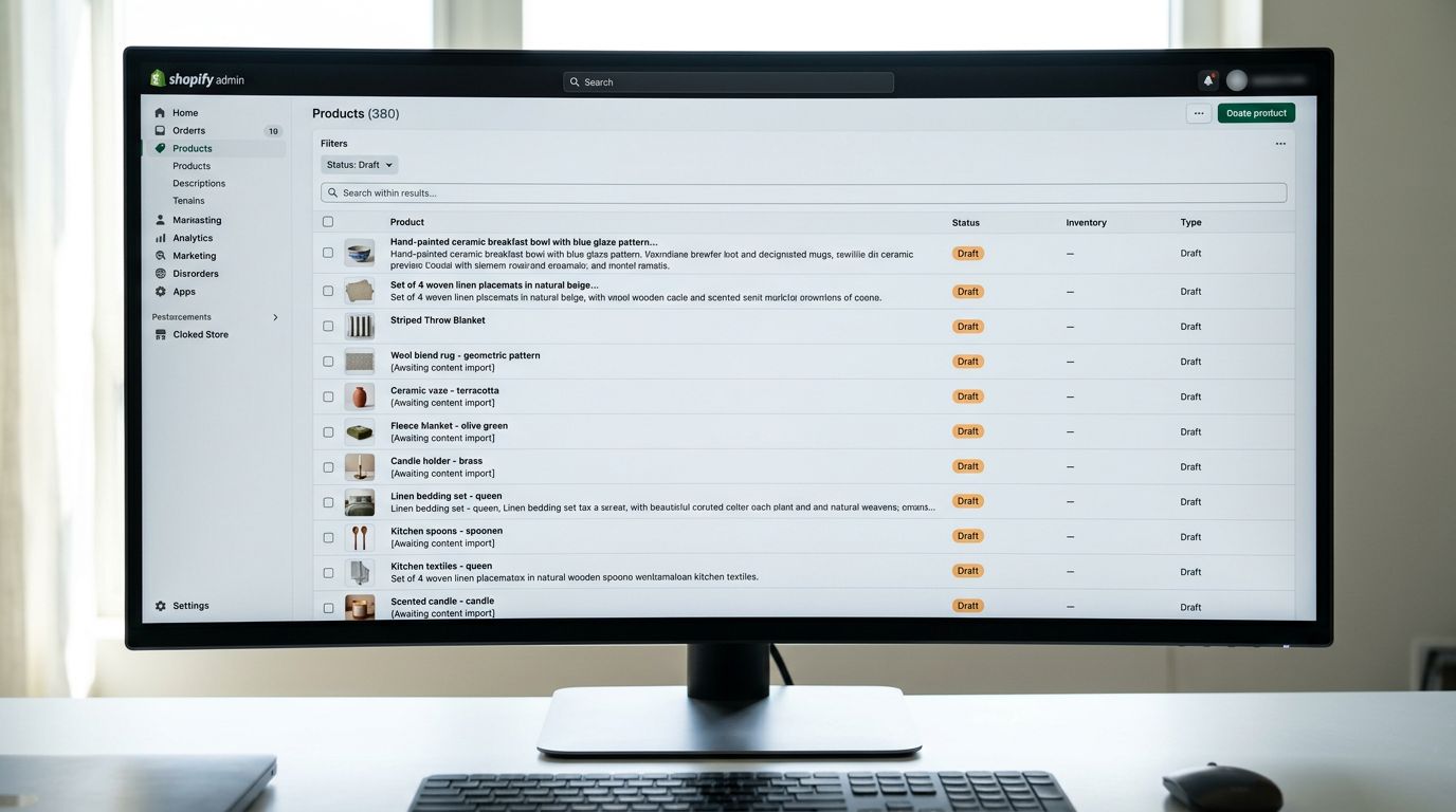 A Shopify admin product list on a large monitor filtered to show only Draft status products, displaying a seasonal homewares collection of 380 products with all showing Draft status badges, some with AI descriptions already generated and others with blank description fields pending the second pass generation, representing the intermediate state after Pass 1 structural review and before Pass 2 description generation, everything in sharp focus no blur no depth of field, colour photography.