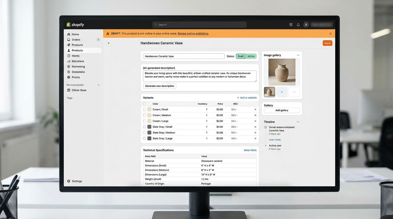 A Shopify admin product detail page on a large monitor showing a Draft status homewares product with a seasonal collection tag a correctly grouped colour and size variant grid all variant combinations showing correct pricing and the AI-generated description displayed in the description field below the product title, representing the review view that a merchant uses to QA a staged product before batch-publishing the collection, everything in sharp focus no blur no depth of field, colour photography.
