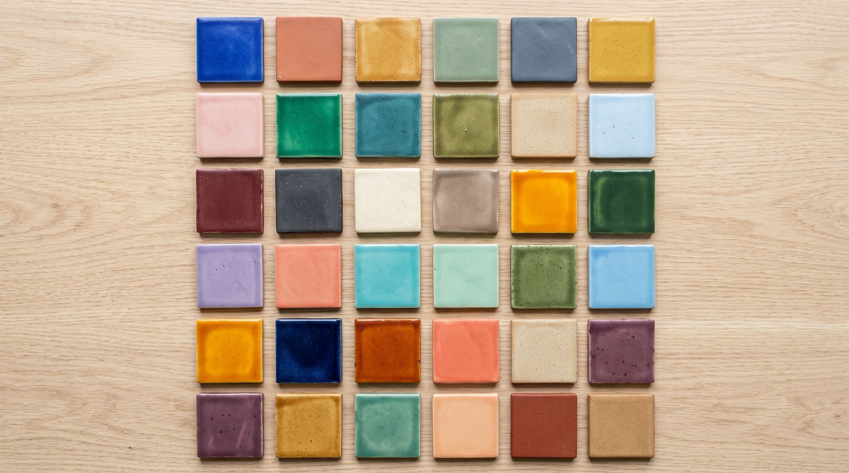 Amber-coloured duplicate ceramic tiles among distinct coloured tiles representing identical product identifier codes in a catalogue.