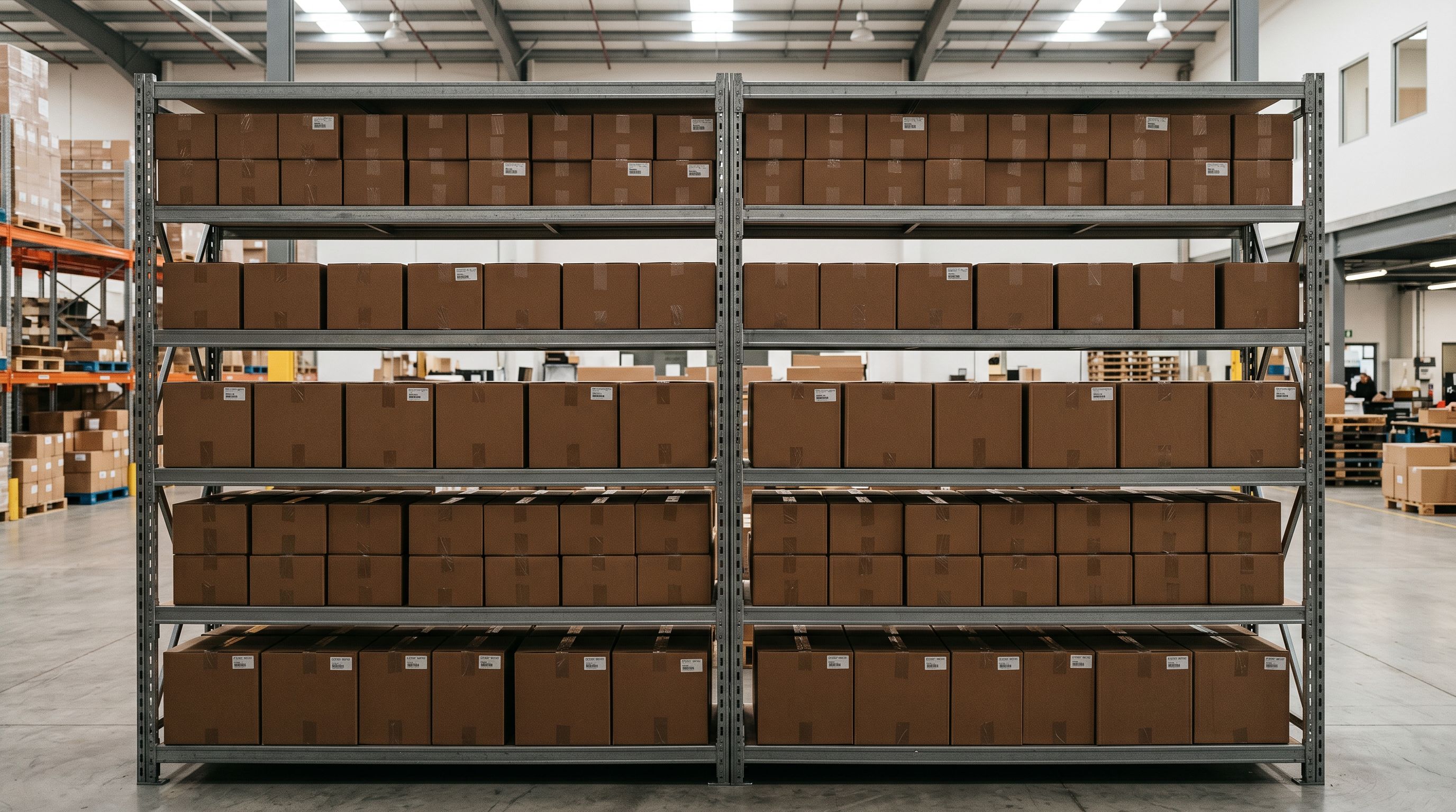 Metal warehouse shelving unit with two adjacent sections each stocked with an identical arrangement of boxed products representing duplicate catalogue groupings.