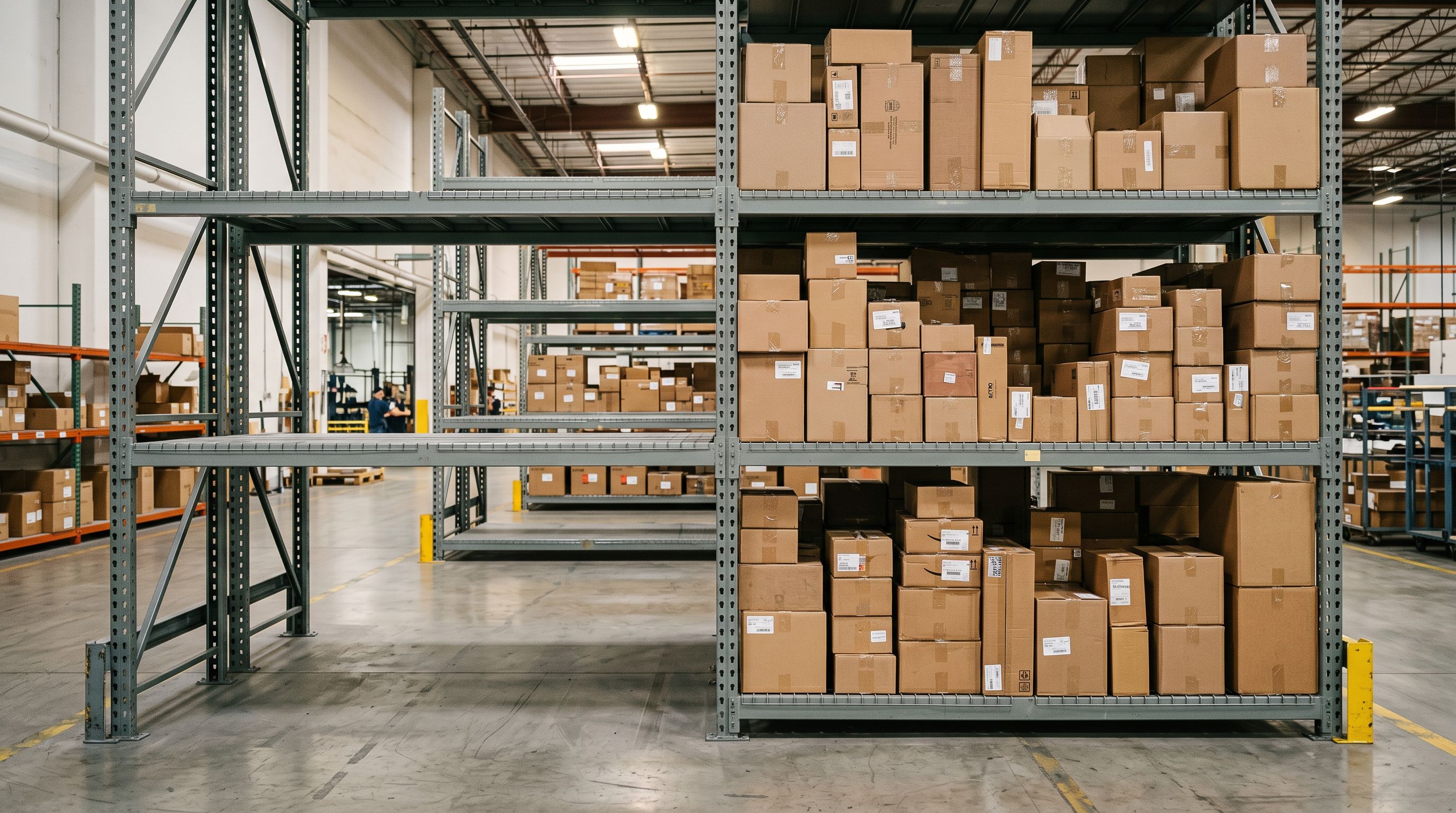 Warehouse aisle with one side of metal shelving fully cleared and empty while the adjacent bay remains stocked with boxed products representing targeted batch removal.