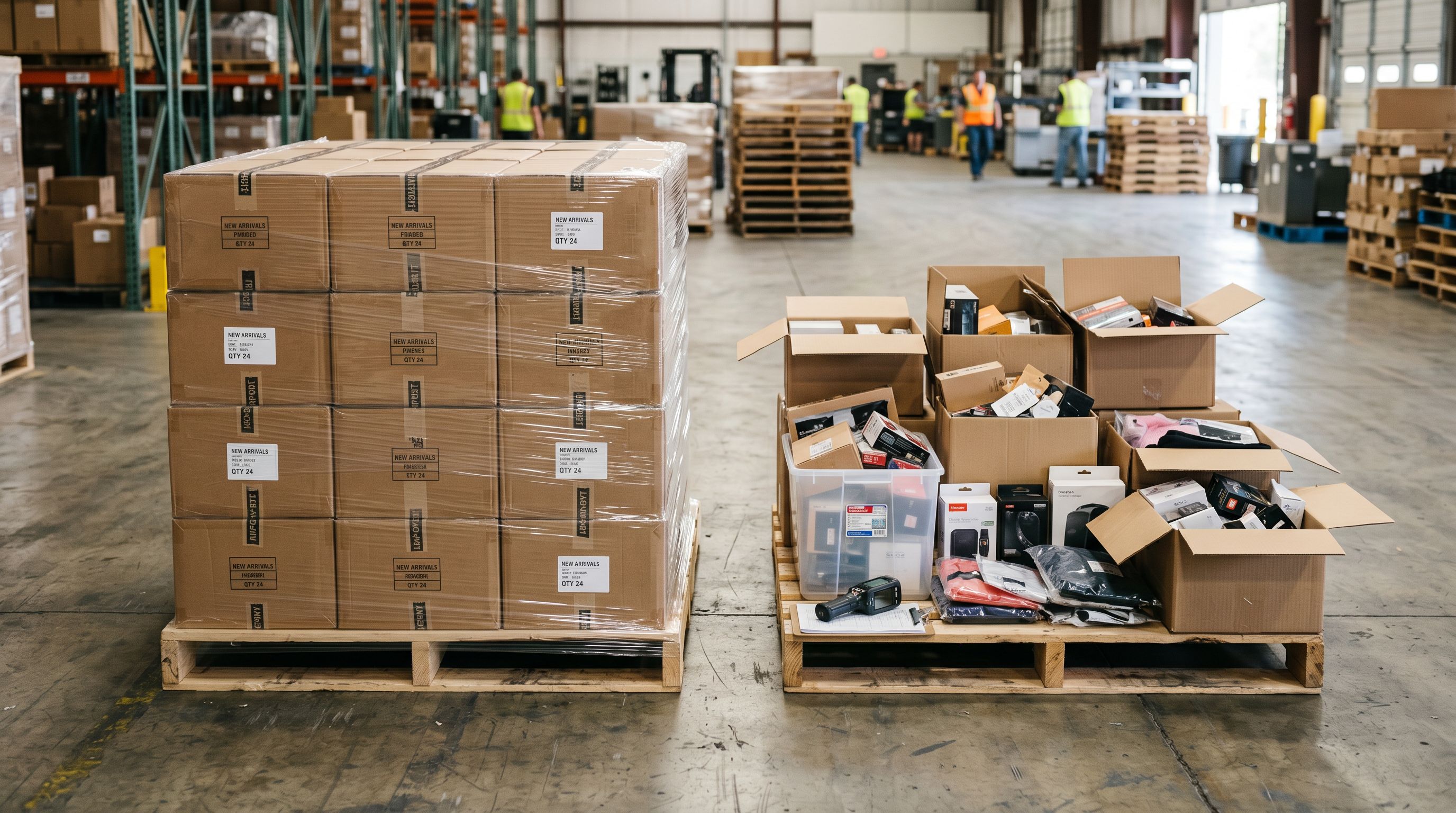 Two wooden pallet sections side by side on a warehouse floor, one stacked with sealed new product boxes and the other holding open stock, representing new creates versus existing updates.