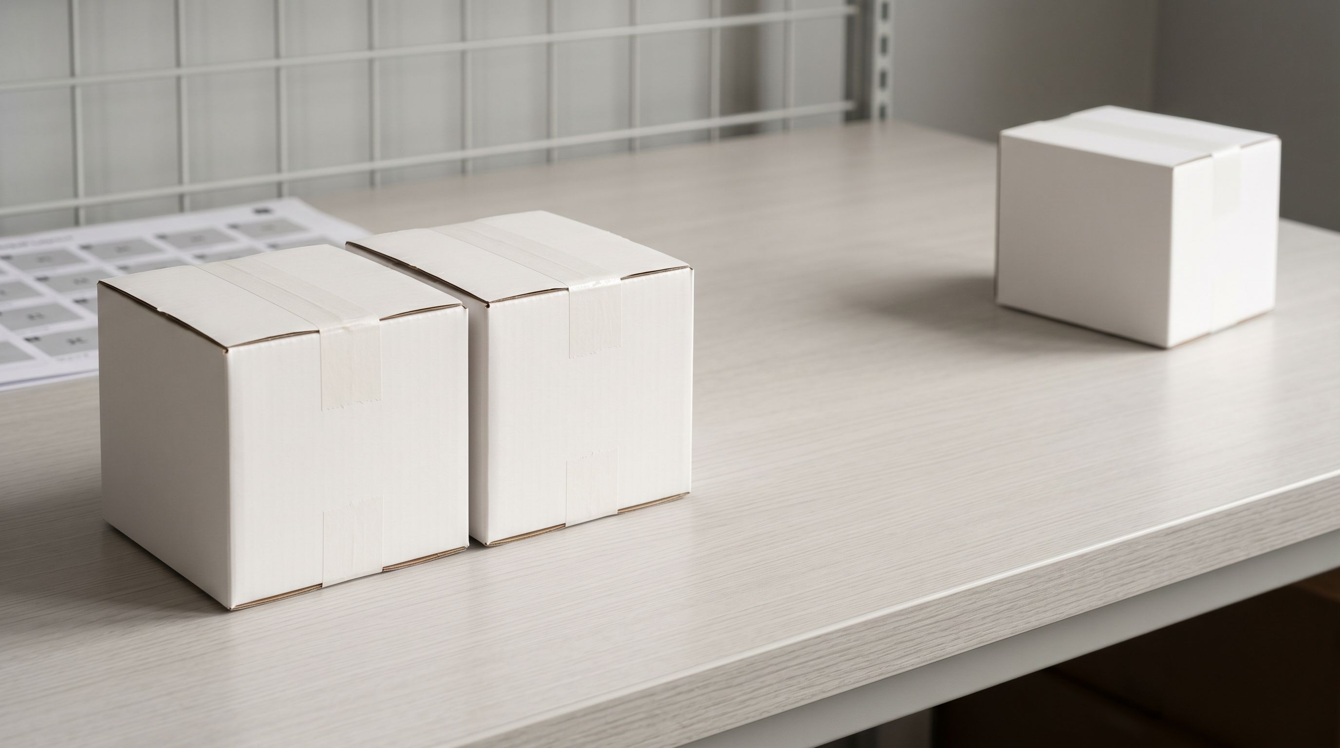 Two identical sealed white product boxes on a sorting table, one set apart from the other, representing duplicate product identification.