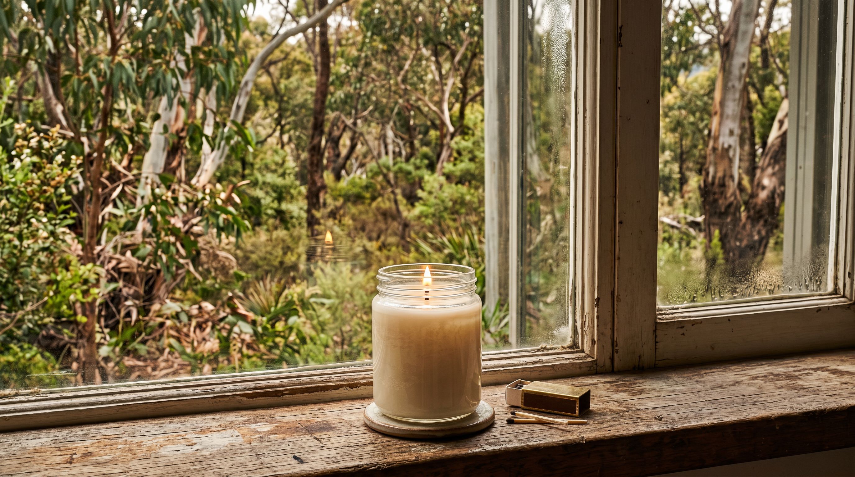 Hand-poured soy candle in a glass jar on a timber windowsill in early morning light with bushland visible through the window.