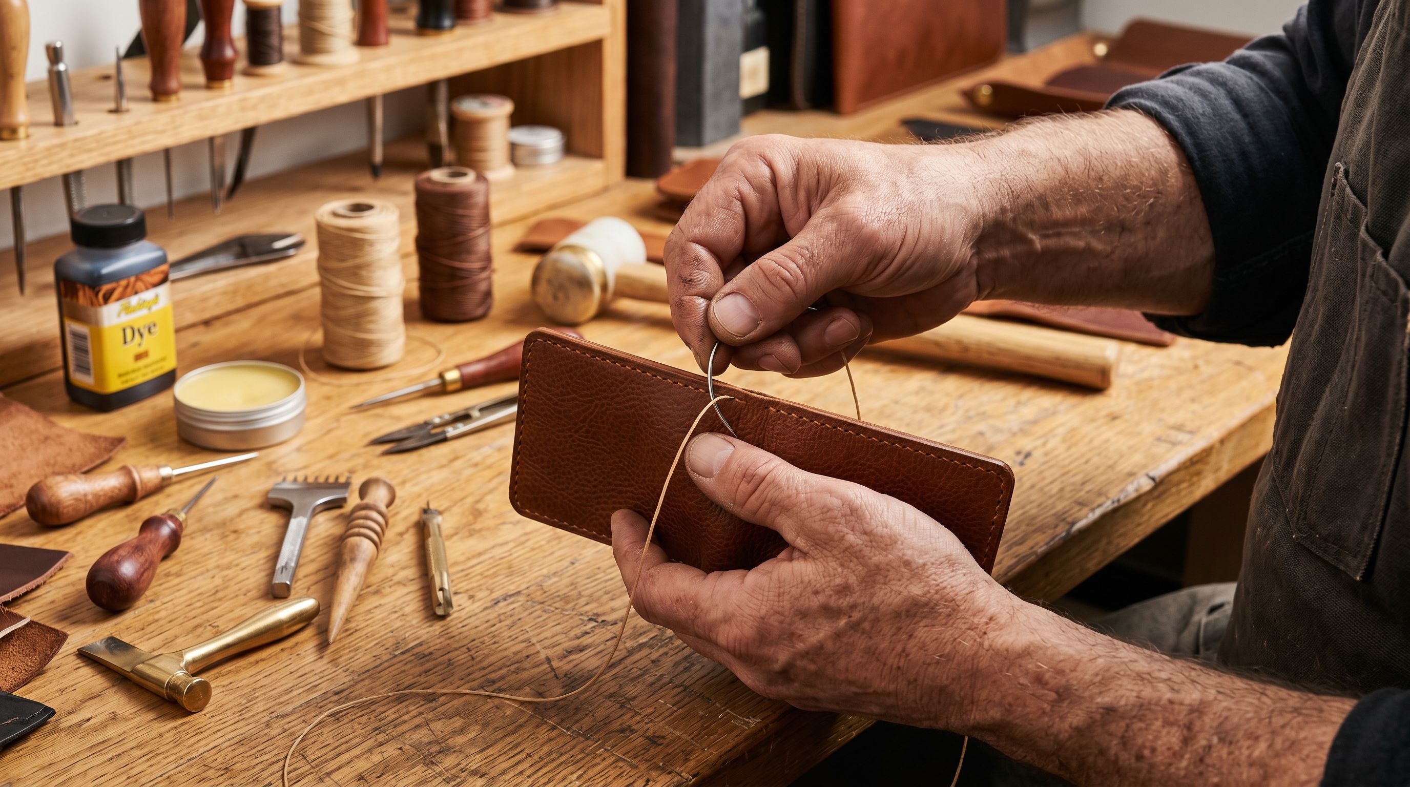 Artisan leatherworker's hands stitching a dark tan leather wallet by hand with a curved needle and waxed thread at a wooden workbench.
