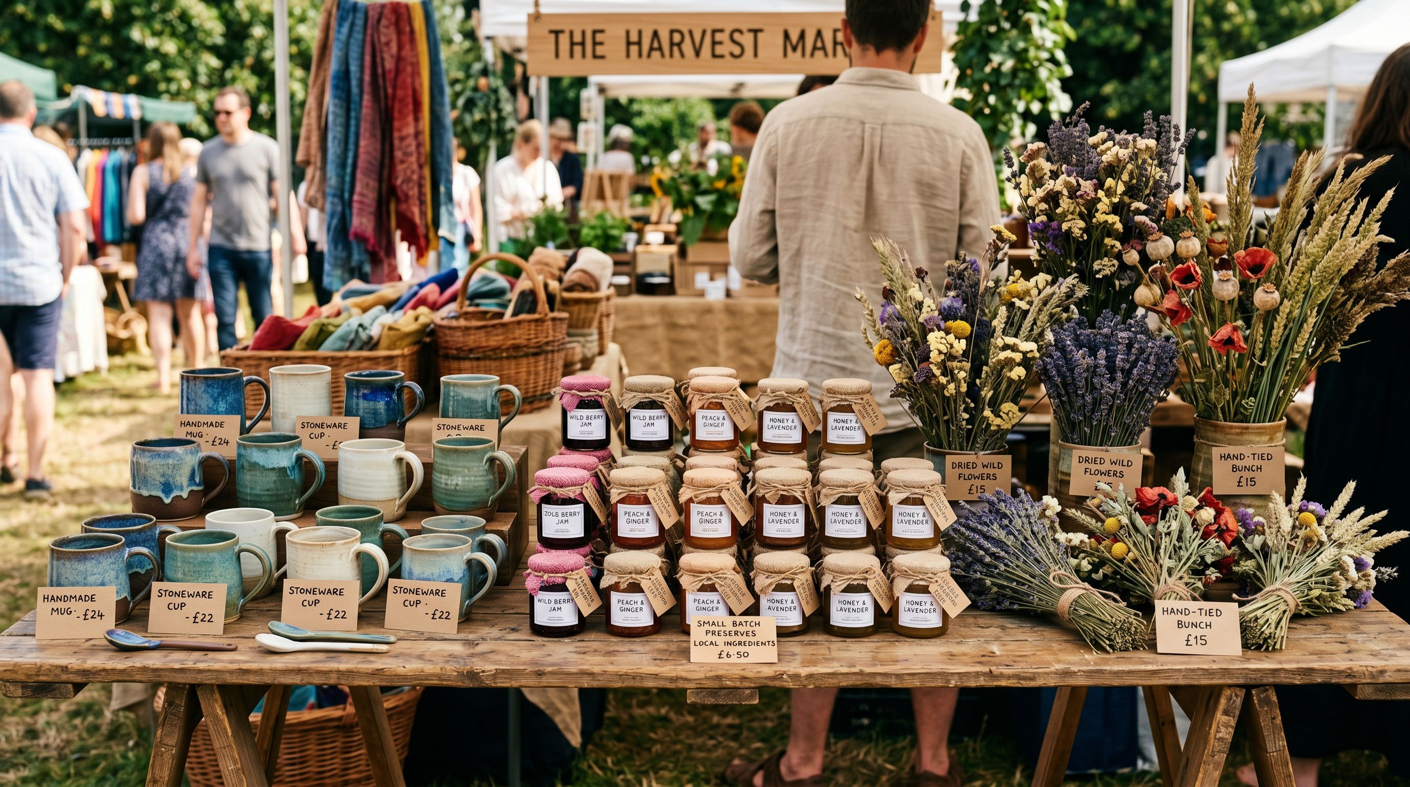 Local artisan market stall with handmade ceramic mugs, glass jars of preserves, and dried wildflower bunches on a wooden trestle table.
