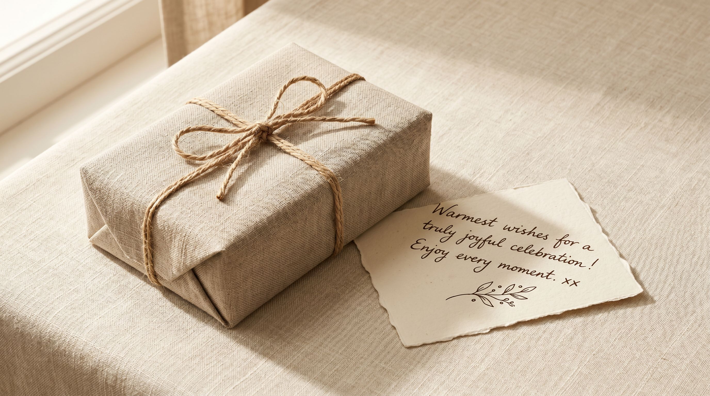 Heritage gift packaging with a linen-wrapped box tied in natural twine and a handwritten note card on a cream linen surface.
