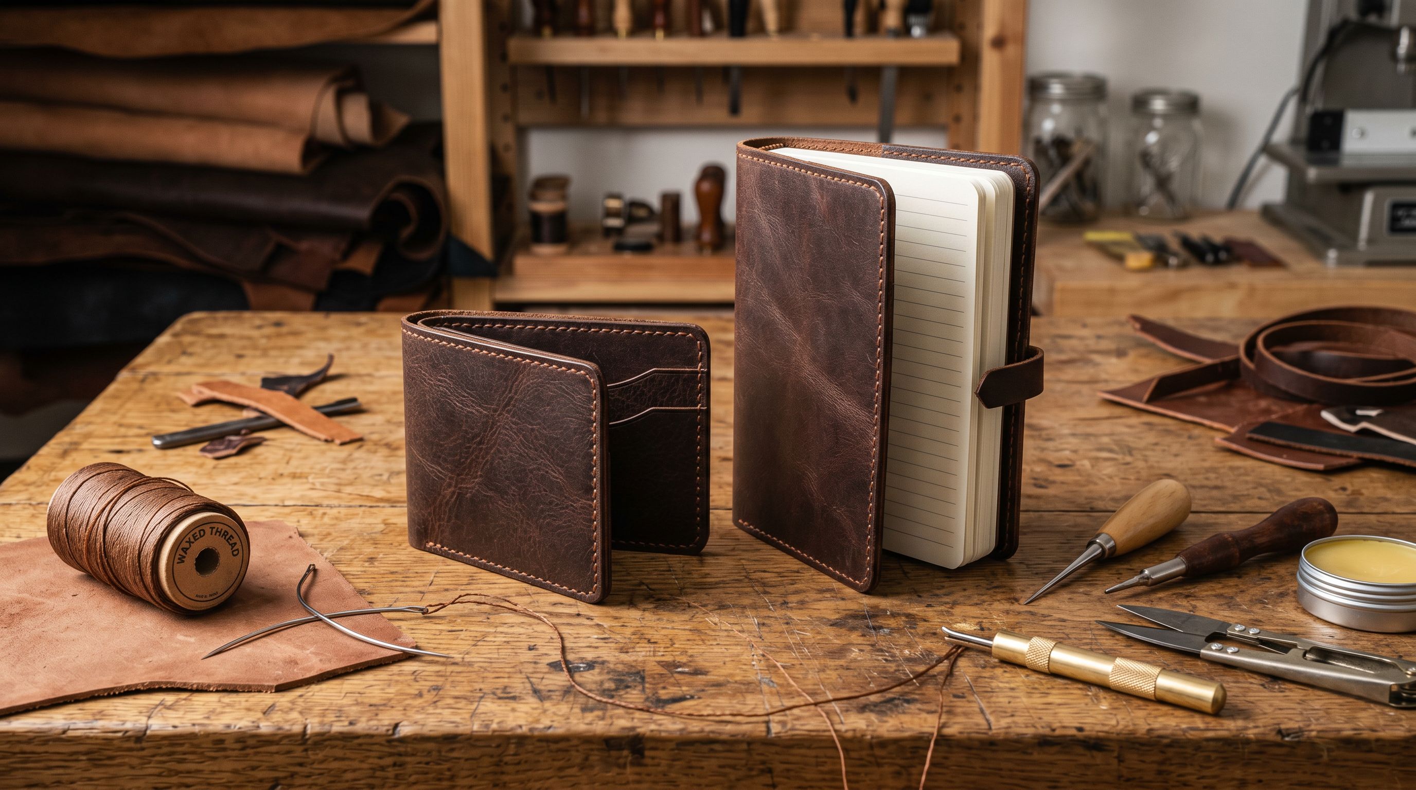 Artisan leather goods including a hand-stitched wallet and journal on a wooden workshop bench next to leather tools and thread.