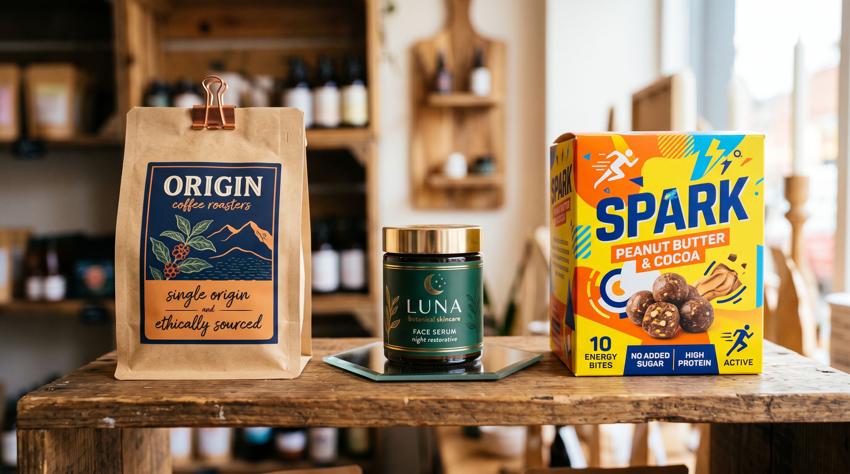 Three retail product packages from different categories on a display surface showing visibly different label design styles and typography treatments