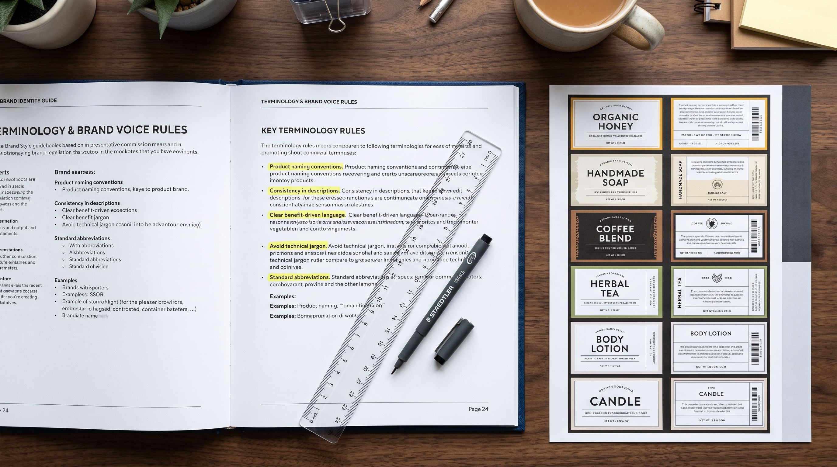 Open style guidebook with highlighted terminology rules lying flat on a desk beside a row of printed product label prototypes and a ruler