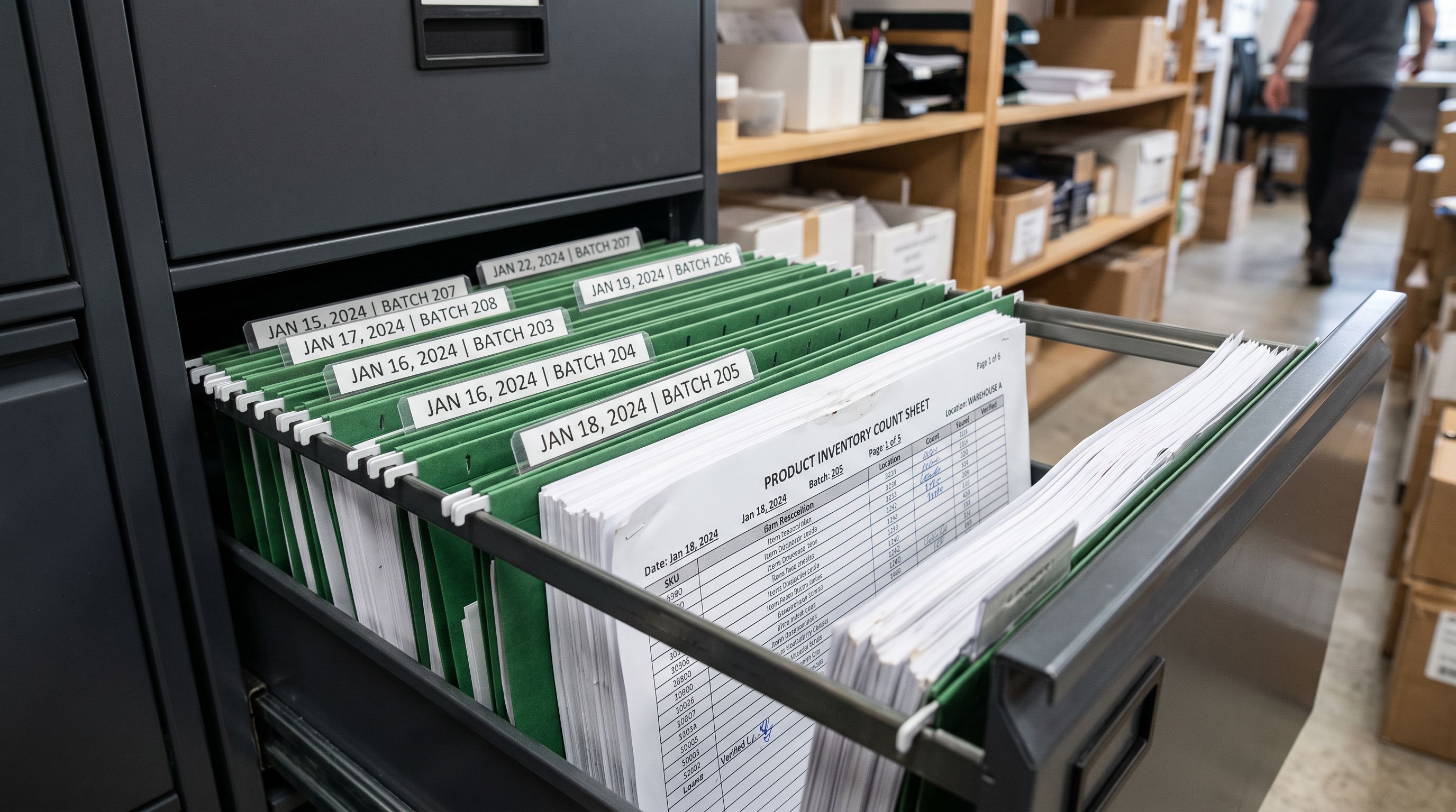 Filing cabinet drawer open showing hanging folders labelled with dates and import batch identifiers with stacked printed inventory count sheets