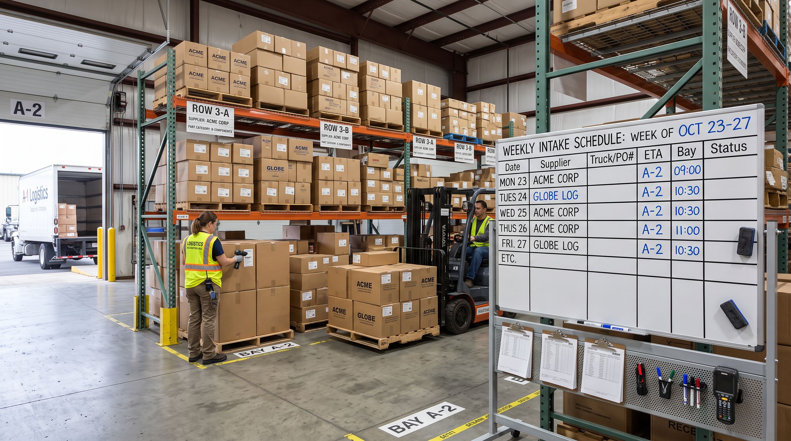 Organised warehouse receiving area with stacked supplier shipment cartons on metal shelving and a printed weekly intake schedule posted on a whiteboard