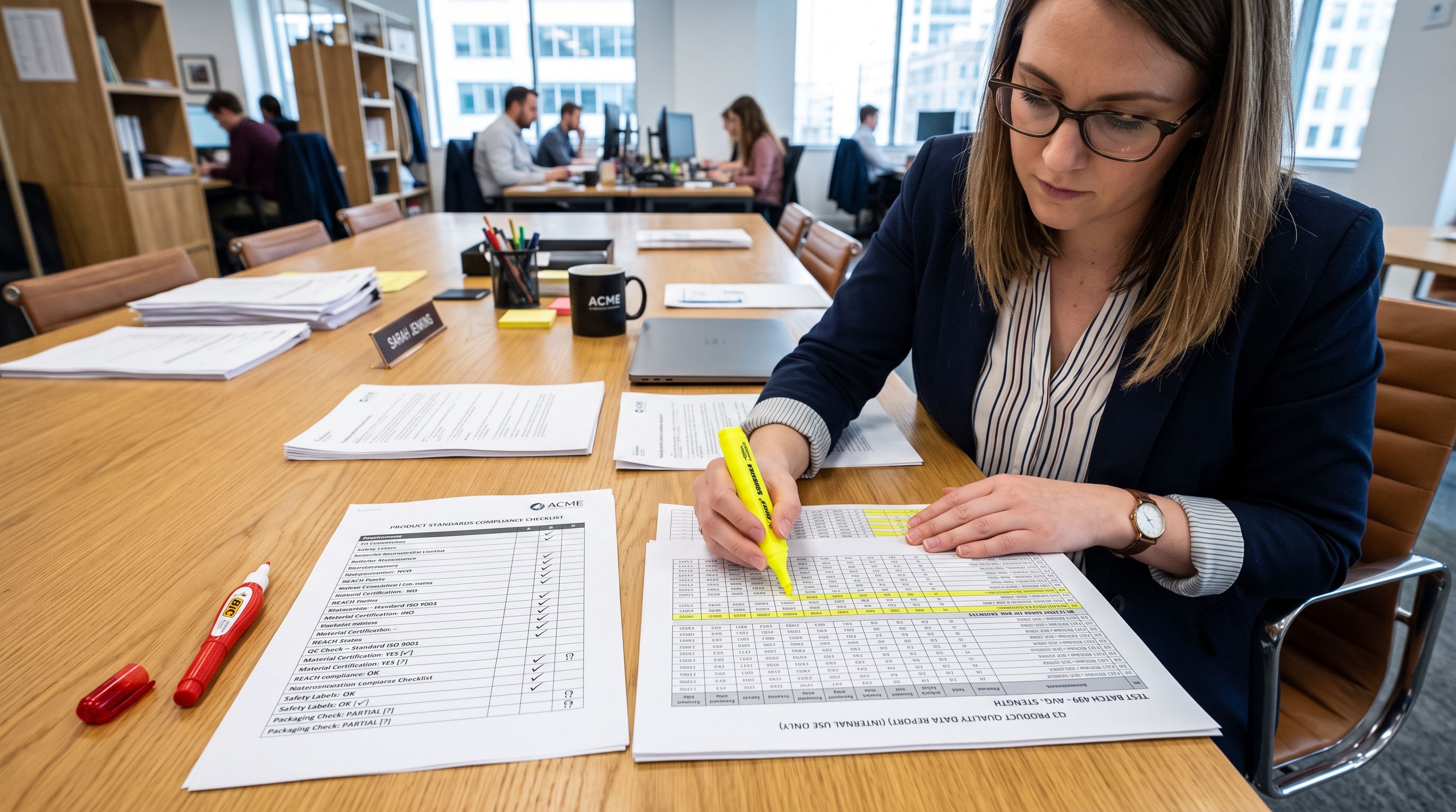 Analyst using a yellow highlighter to mark up a printed spreadsheet report beside a product standards compliance checklist with a red correction pen