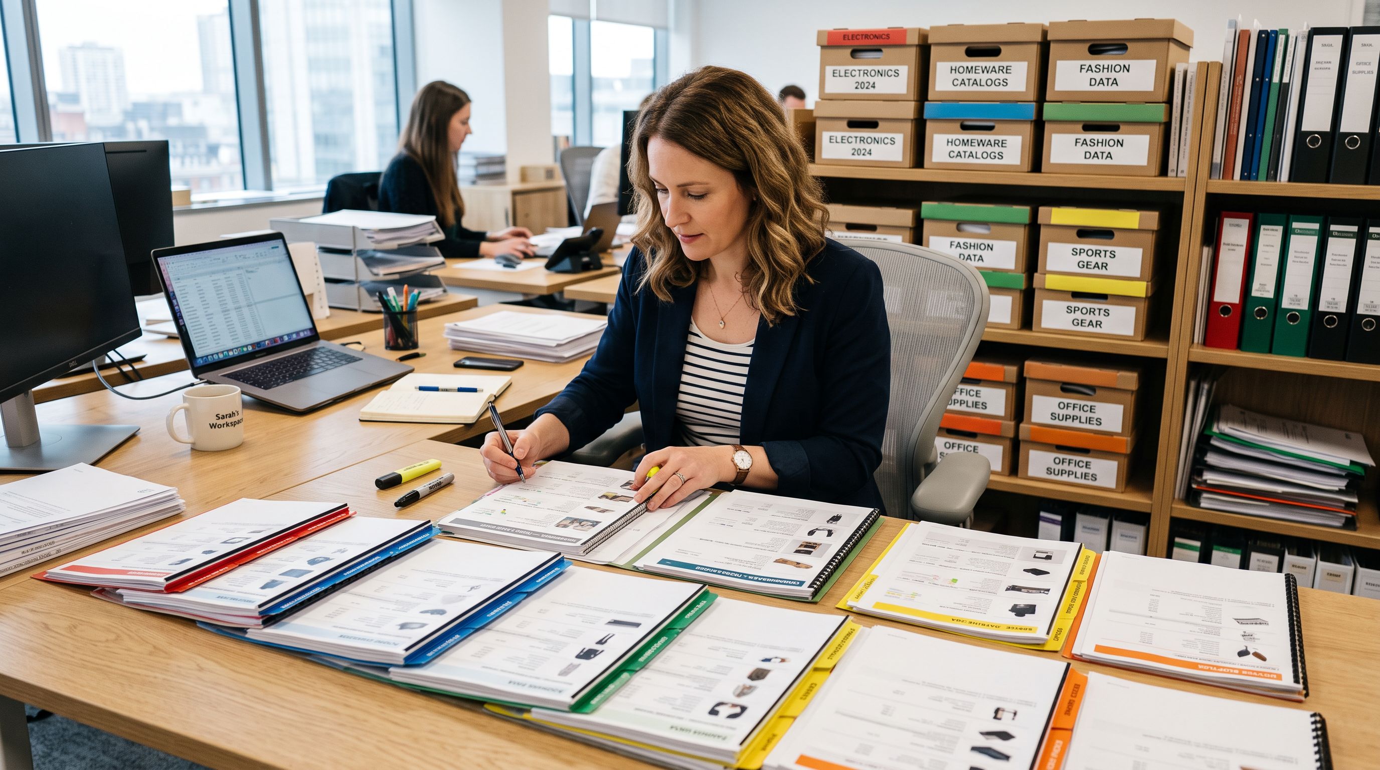 Brand manager at a wide workstation reviewing organised rows of printed product catalogue data sheets with colour-coded category tab dividers and labelled storage boxes