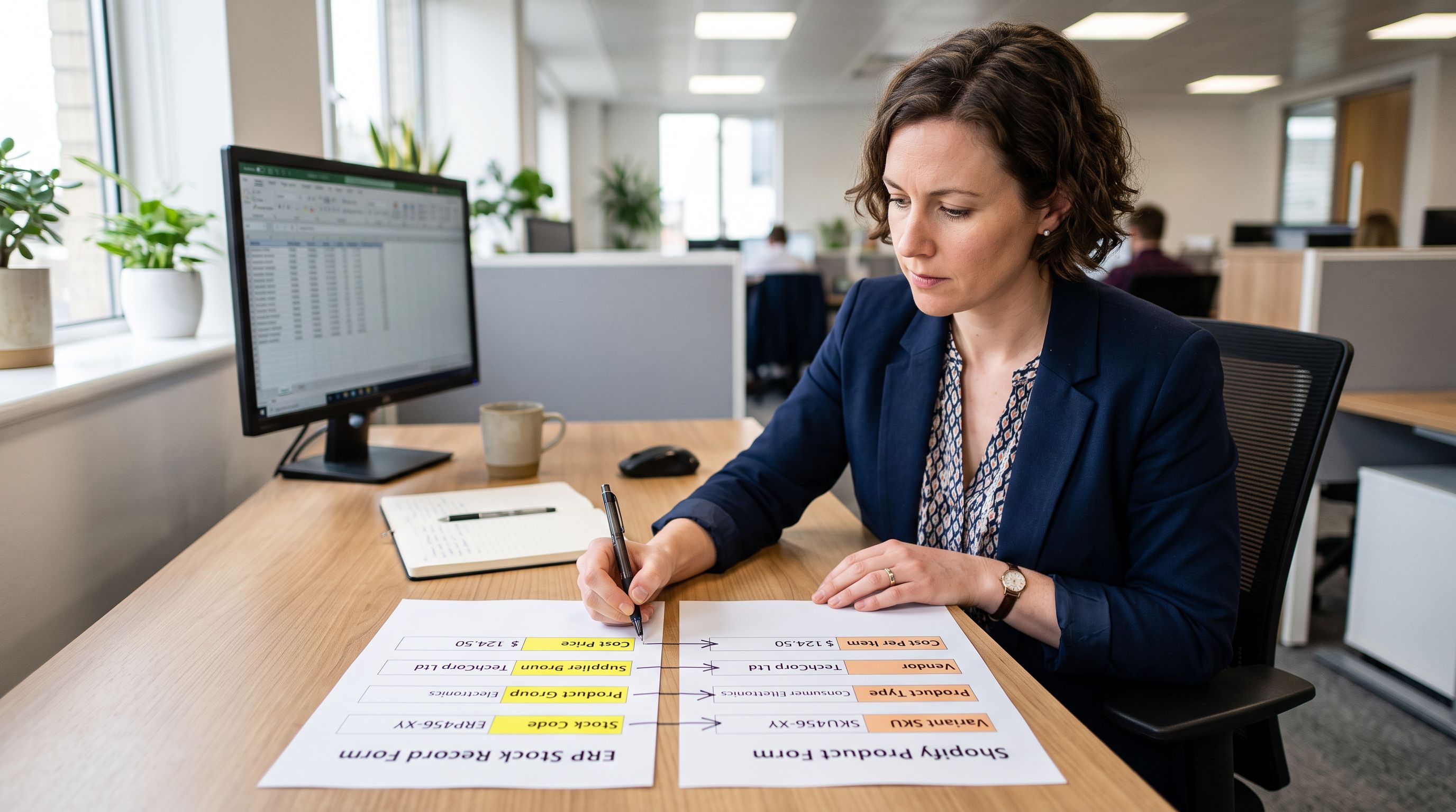 Procurement analyst at a desk with two printed A4 forms side by side, the left showing an ERP stock record with highlighted fields labelled Stock Code, Product Group, and Cost Price, and the right showing a Shopify product admin form with matching fields labelled Variant SKU, Product Type, and Cost Per Item, with handwritten arrows connecting each pair