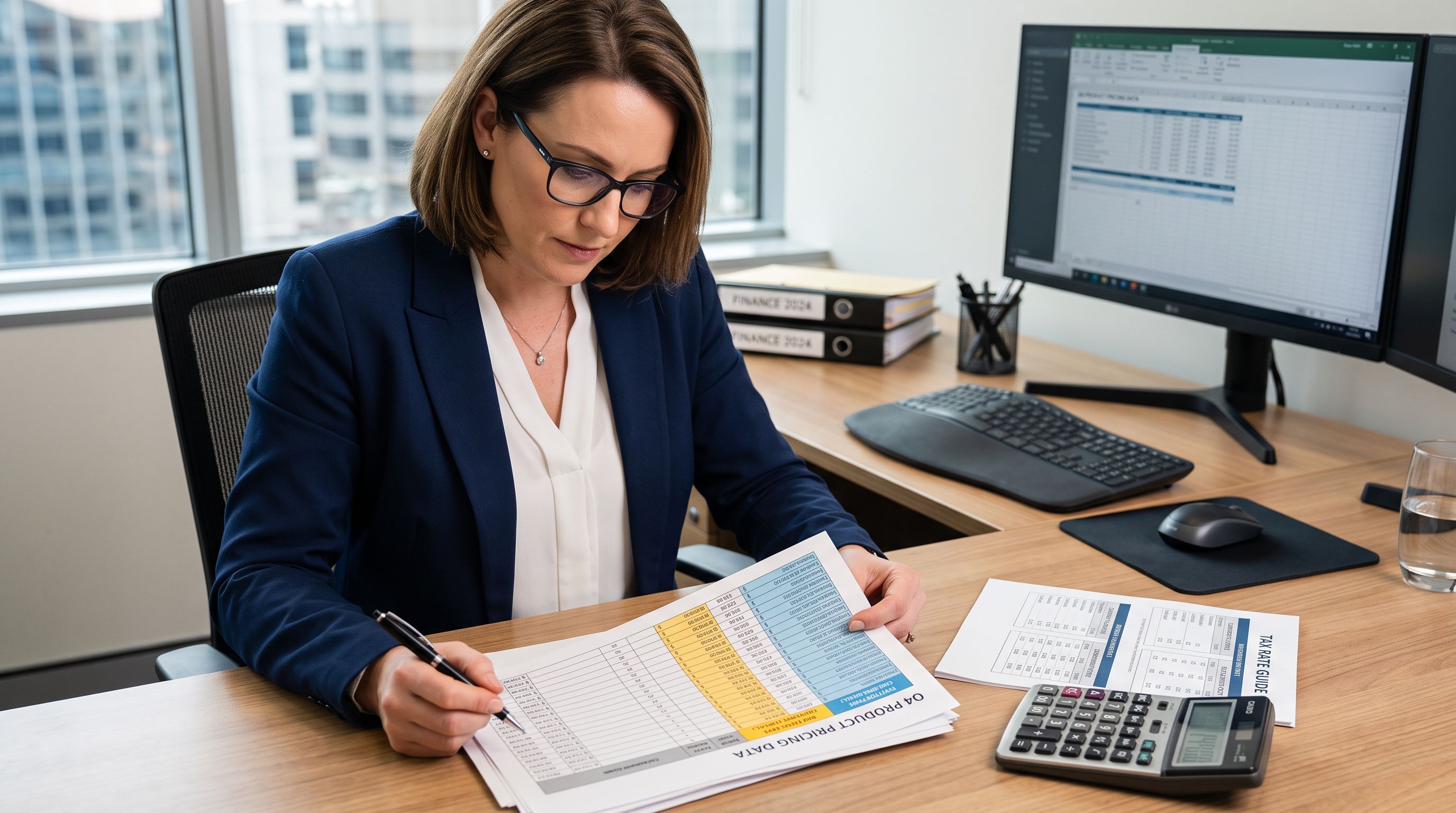 Finance manager at a workstation examining a printed product pricing spreadsheet with two adjacent columns highlighted in contrasting colours, one for tax-exclusive prices and one for tax-inclusive prices, with a tax rate reference card and calculator on the desk beside the spreadsheet