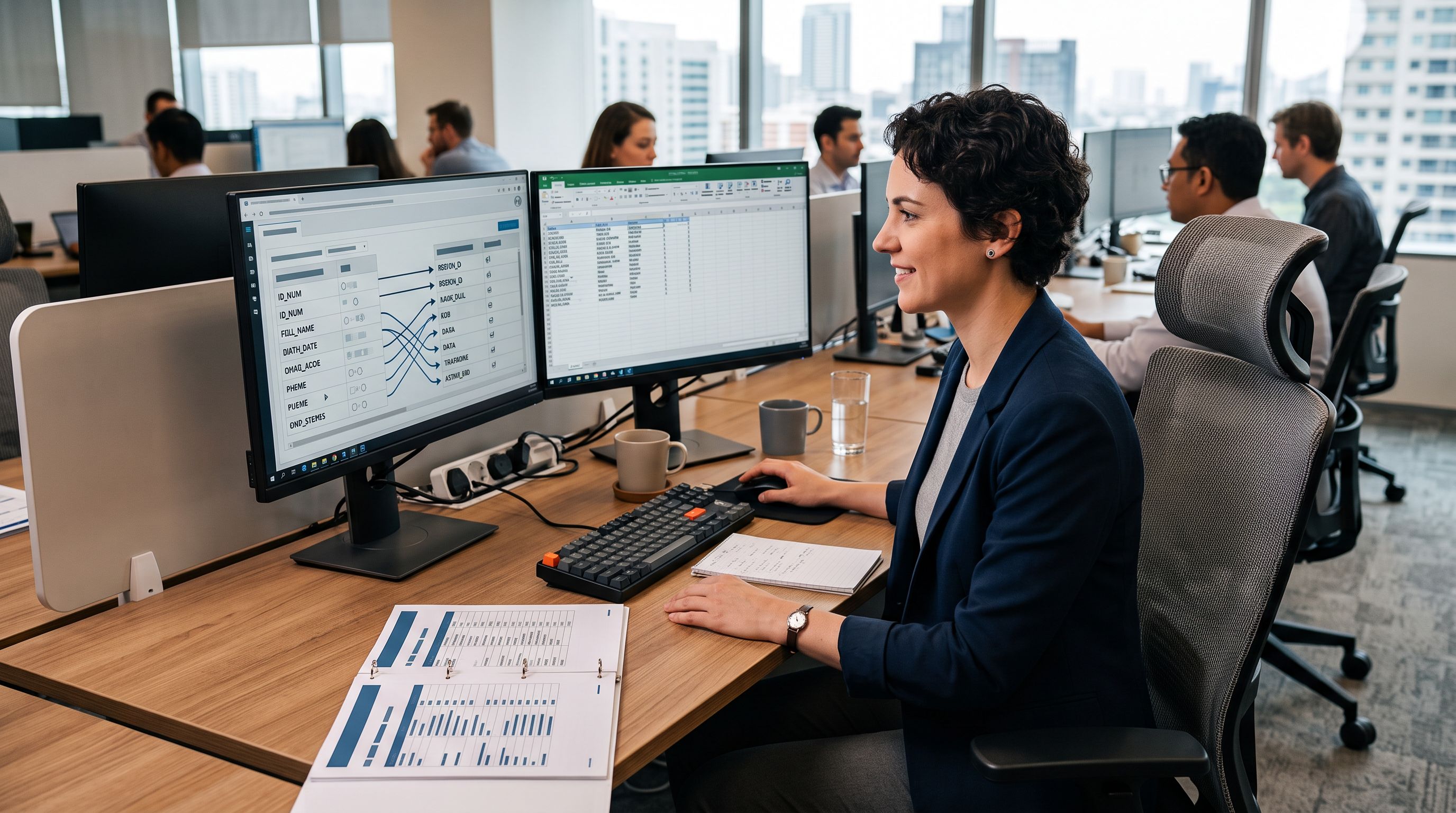Data migration specialist at a dual-monitor workstation with an import column mapping configuration screen visible on one monitor showing source ERP column names on the left connected by arrows to Shopify destination field names on the right, with a printed ERP export field reference guide open flat on the desk