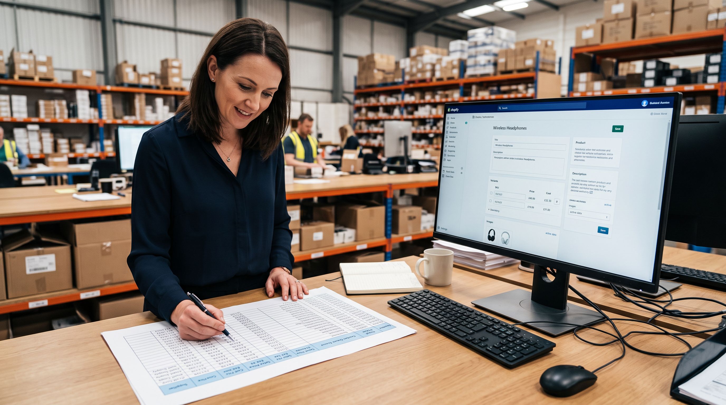 Operations manager at a standing desk reviewing a large printed ERP product export spreadsheet with column headers visible including Stock Code, Product Group, Sales Price Ex-Tax, and Cost Price, with a Shopify admin screen open on a monitor beside them