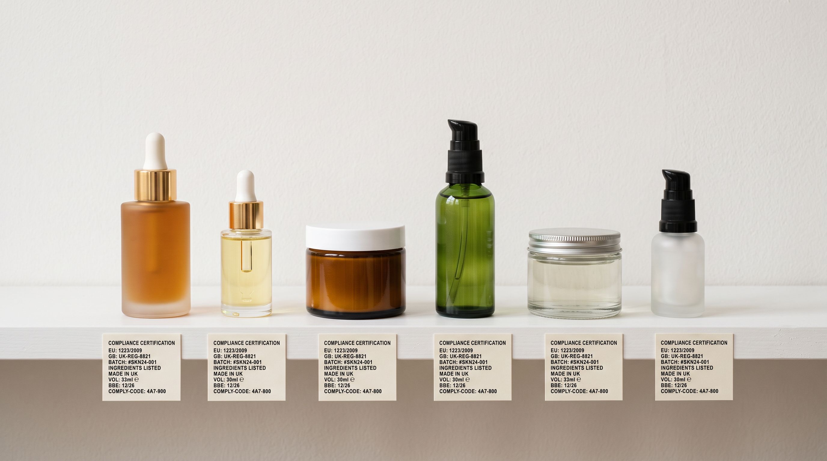 Skincare product range of bottles and jars on a white shelf with small regulatory compliance cards placed in front of each product.