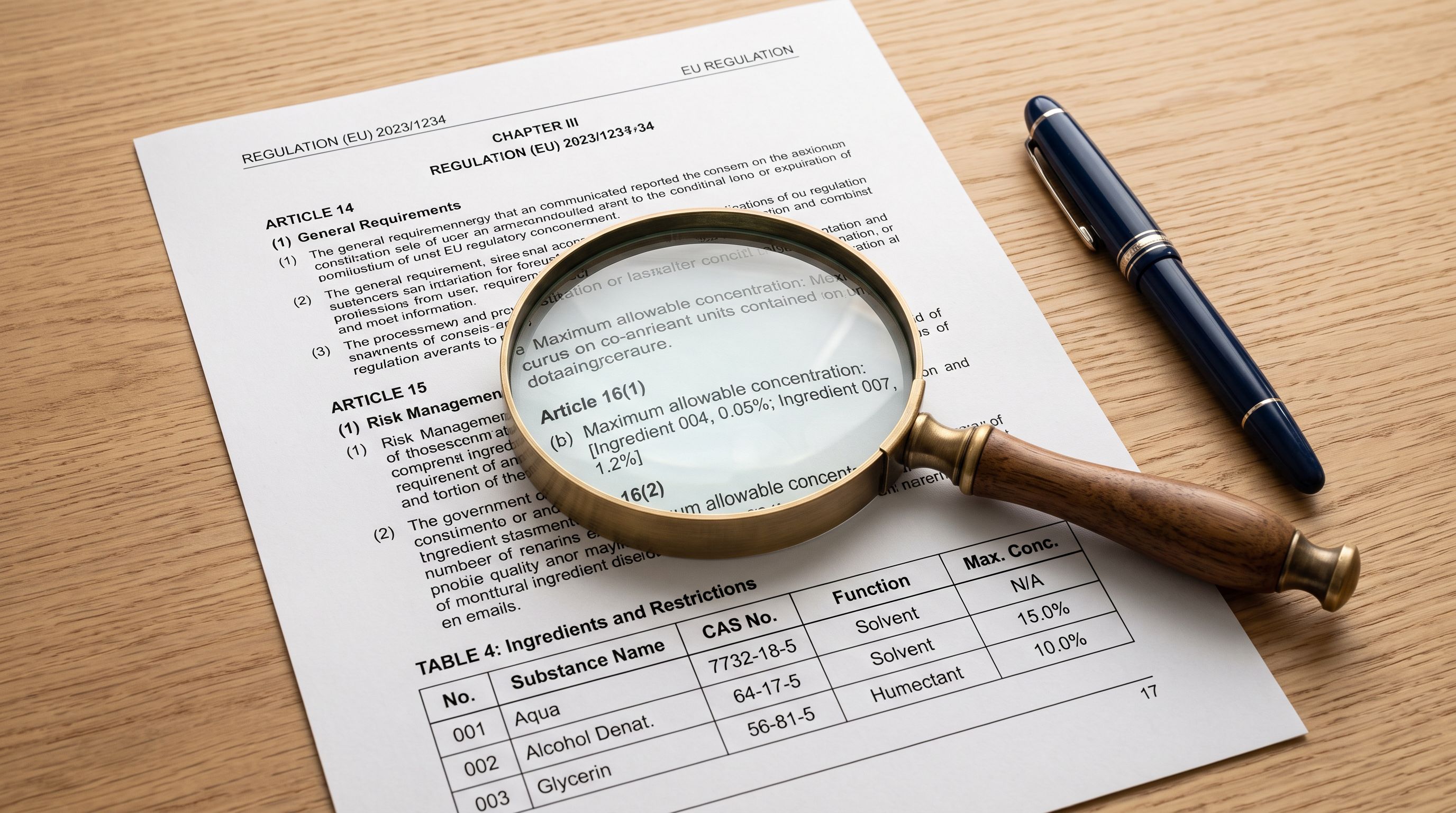 Magnifying glass resting on a printed EU regulatory document showing numbered article clauses and ingredient tables on a clean desk.