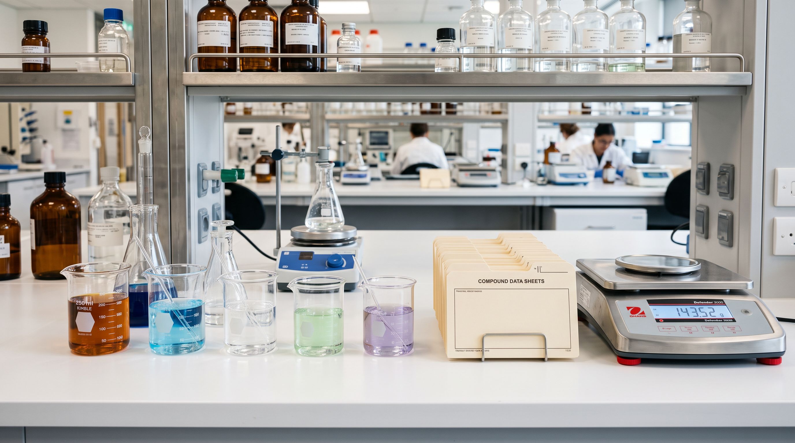 Laboratory bench with glass beakers containing clear liquids and ingredient reference cards arranged beside a digital precision scale.
