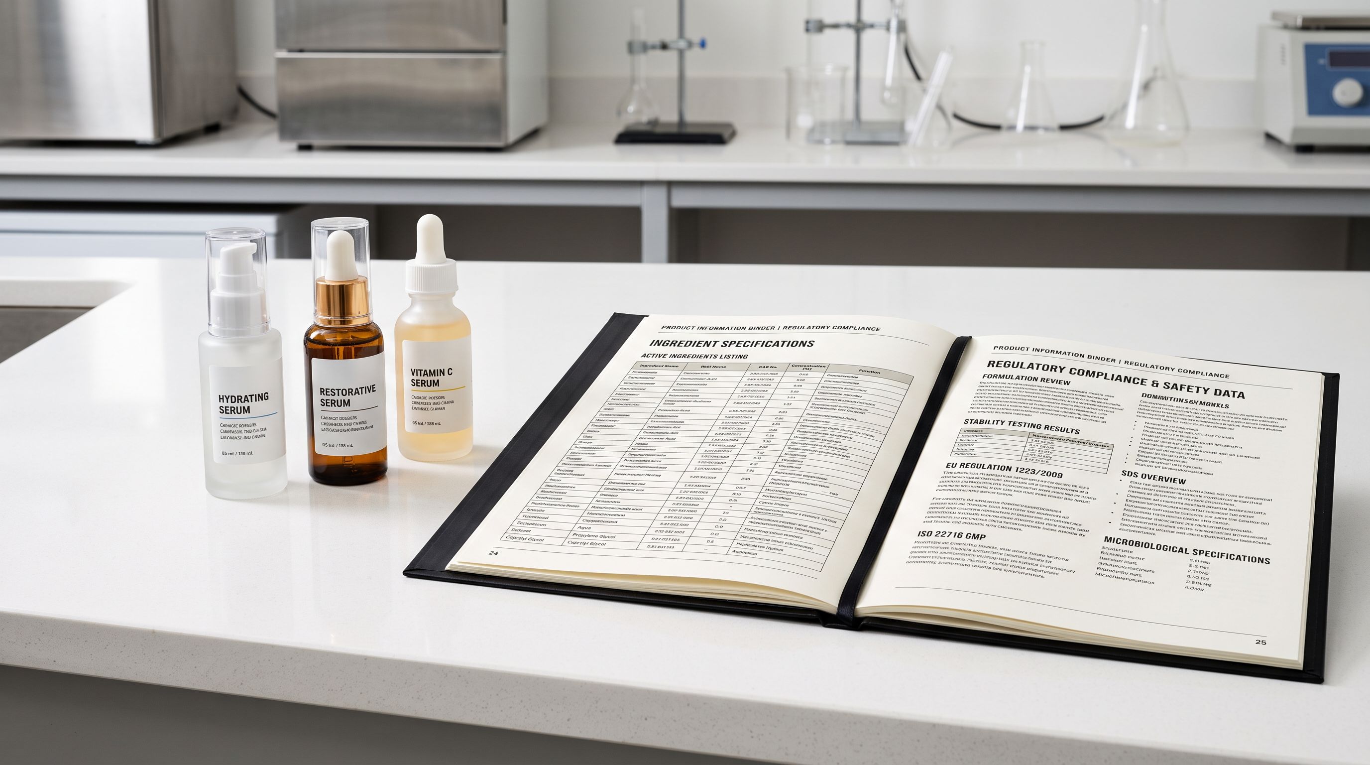 Cosmetic product bottles with ingredient labels and regulatory compliance documentation on a white laboratory surface.