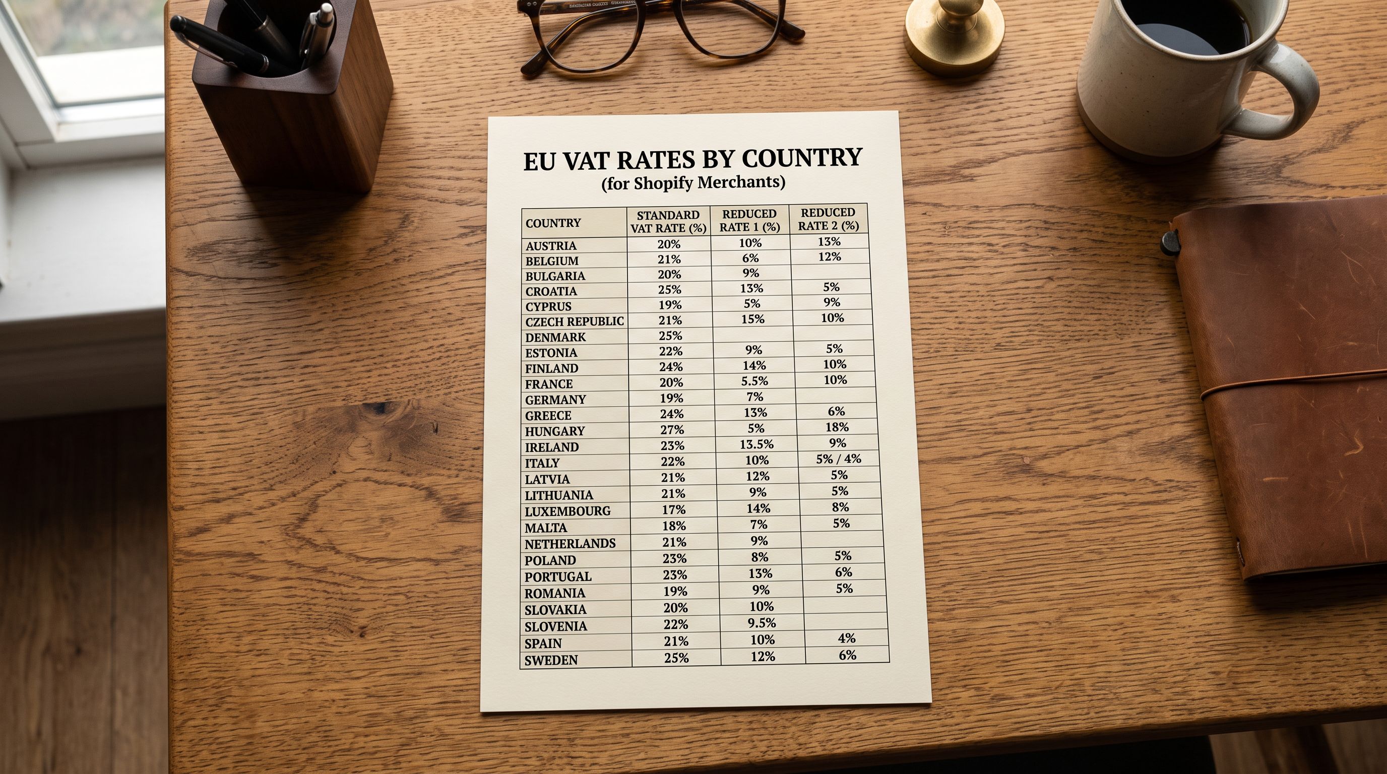 Printed EU country VAT rate reference chart showing numerical percentages listed beside each of the 27 member state names.