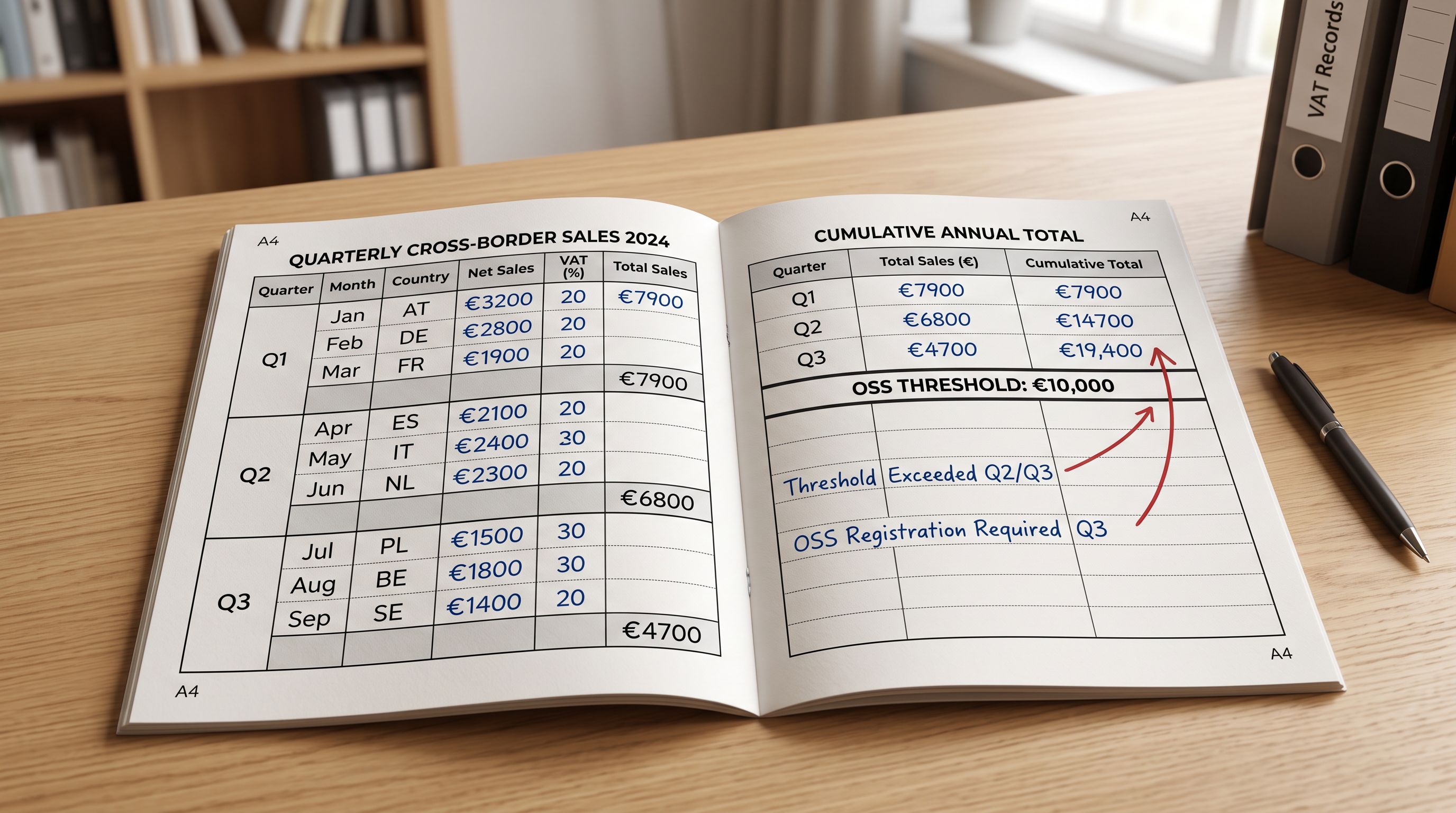Printed OSS threshold tracking ledger with quarterly EU cross-border sales totals approaching the annual registration threshold.