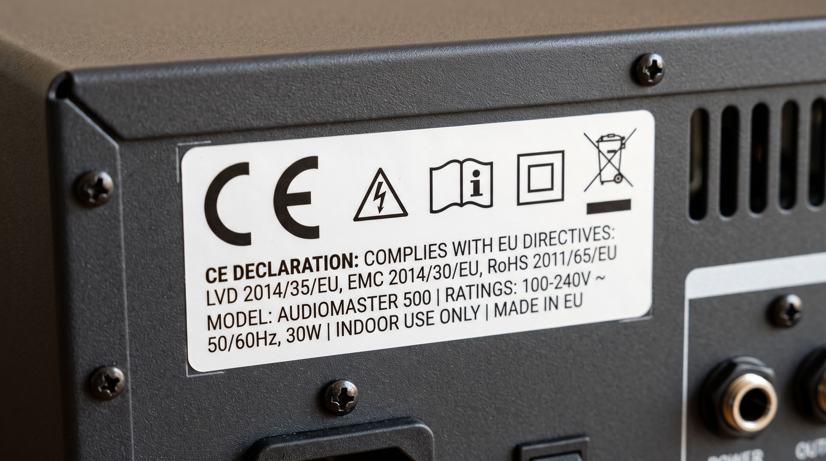 Close-up of a CE marking compliance label on an electrical appliance showing safety directive certification symbols.