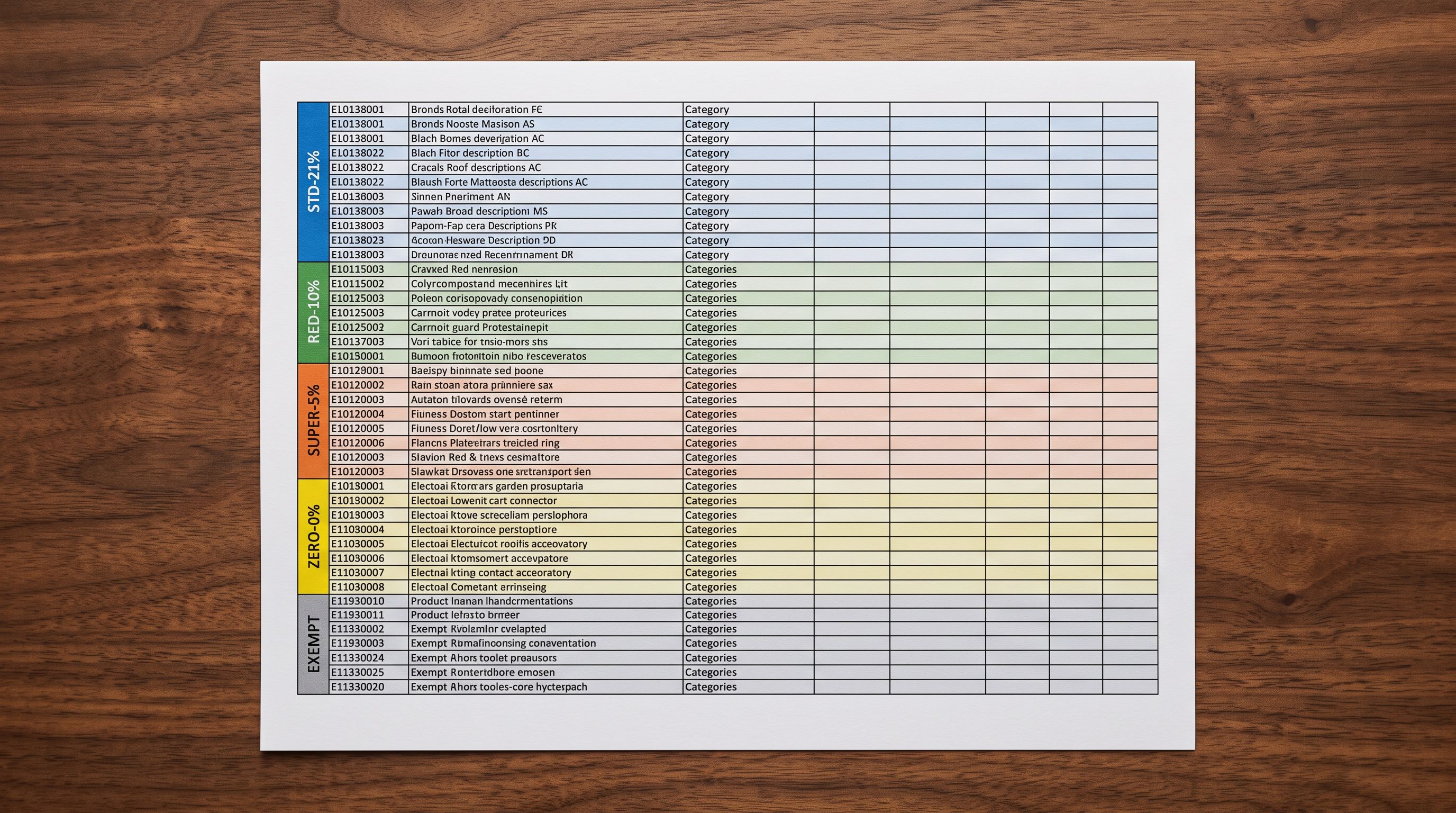 Printed product catalogue spreadsheet with rows sorted into tax classification groups for EU VAT rate pre-import assignment.