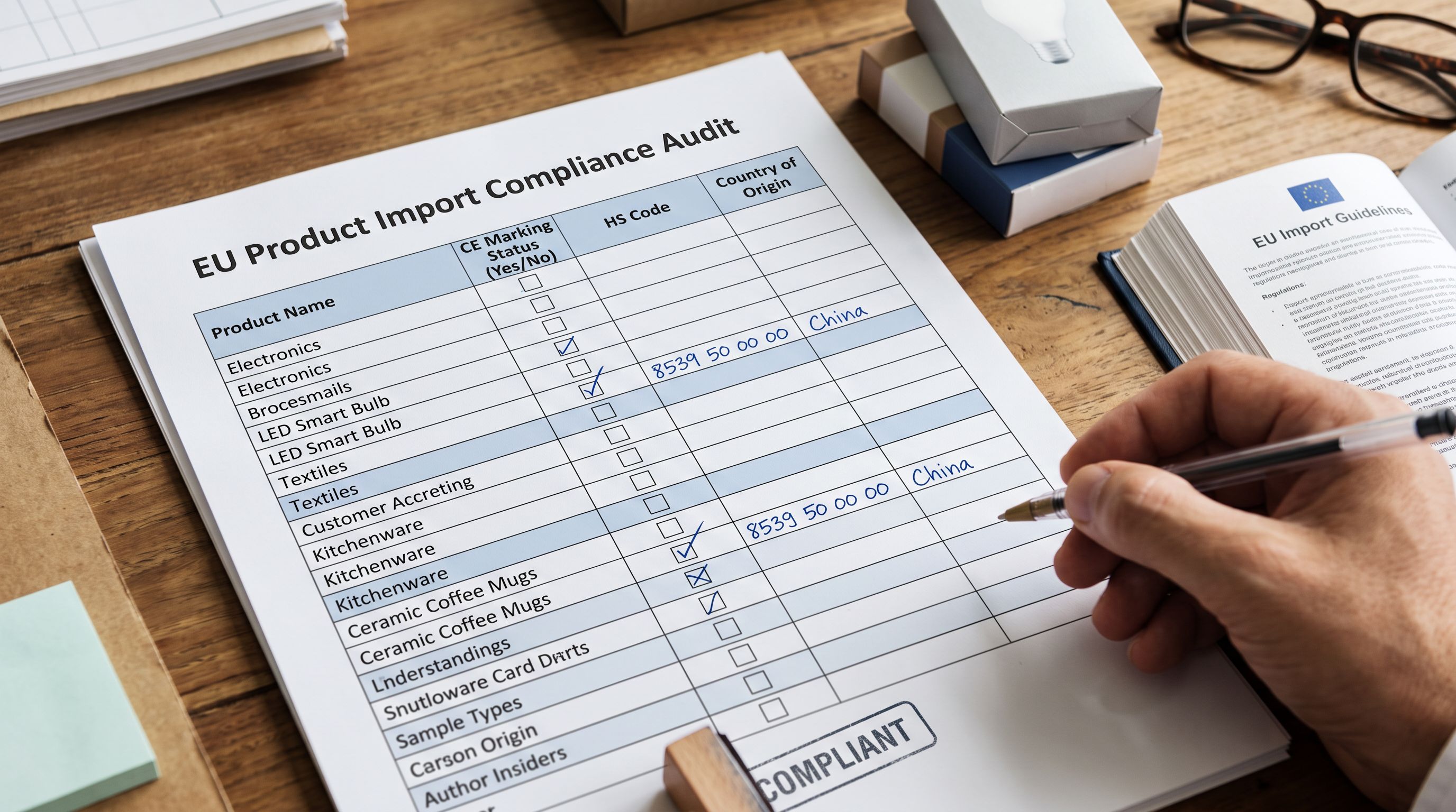 Printed EU product compliance audit checklist with CE marking status and HS code tick-box fields per product row.